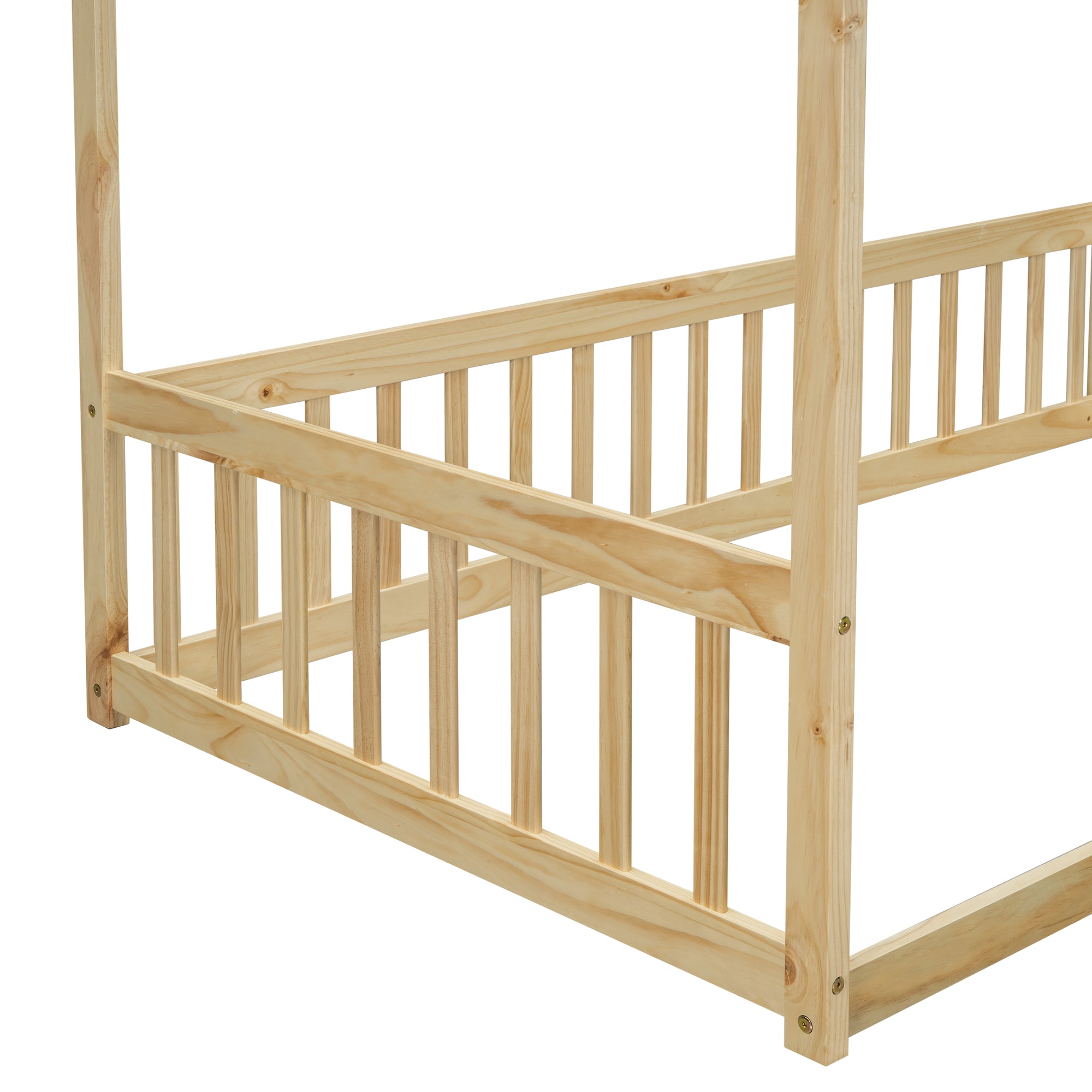 Natural Tone Twin Size Canopy Frame Floor Bed with Guardrails