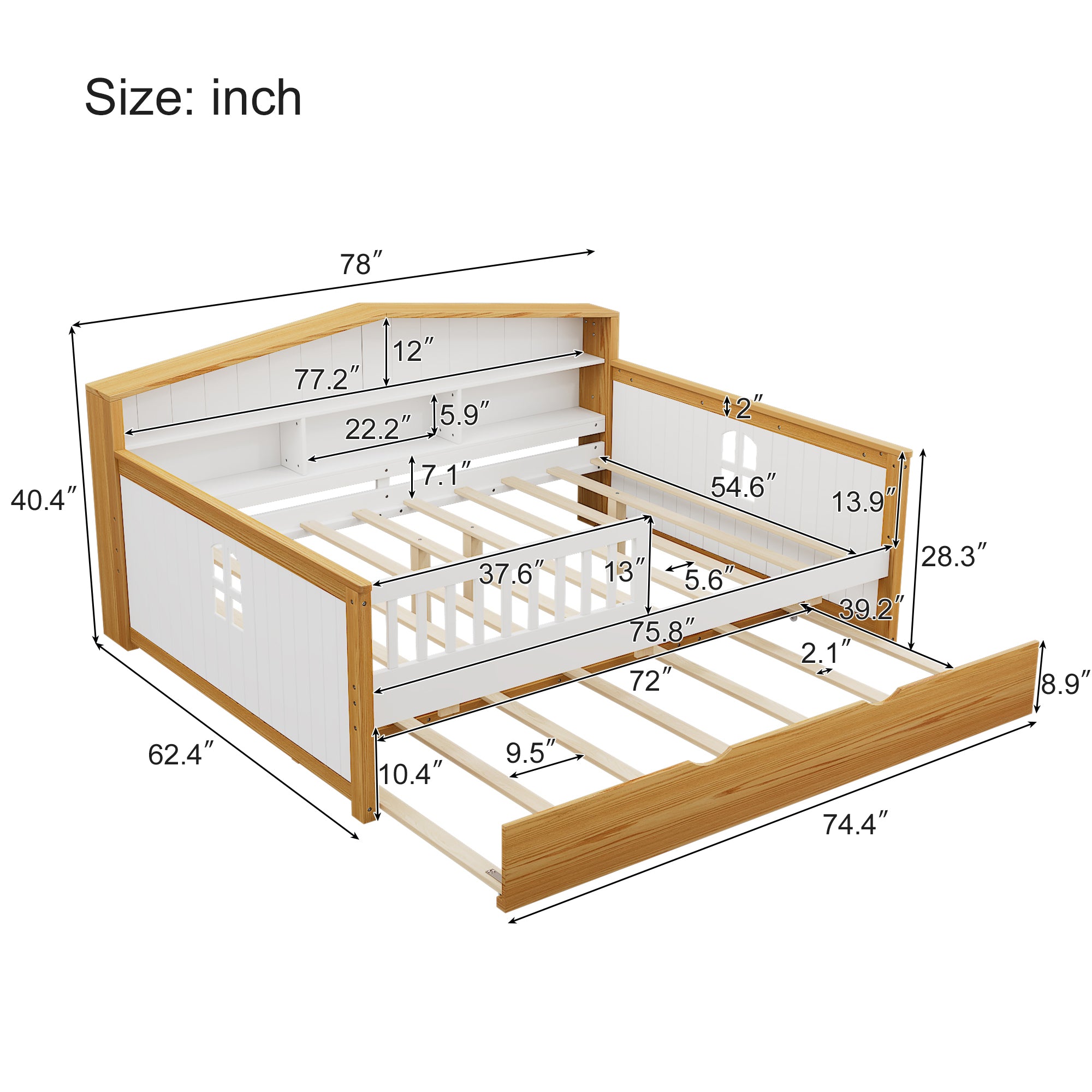 Full Size Safety Bed Frame with Trundle and Integrated Bookcase Headboard