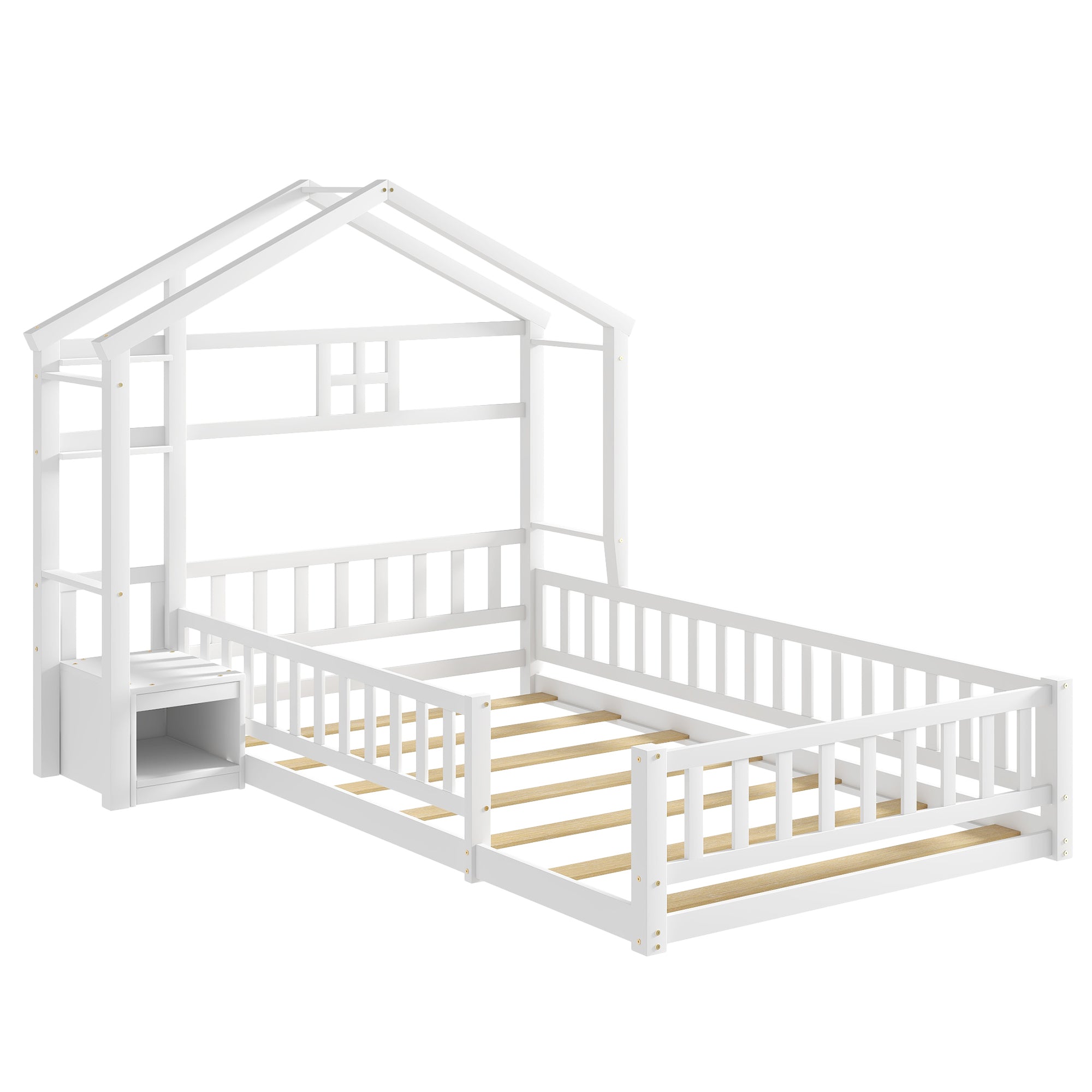 Twin Size House-Style Headboard Toddler Floor Bed with Guardrails and Stand