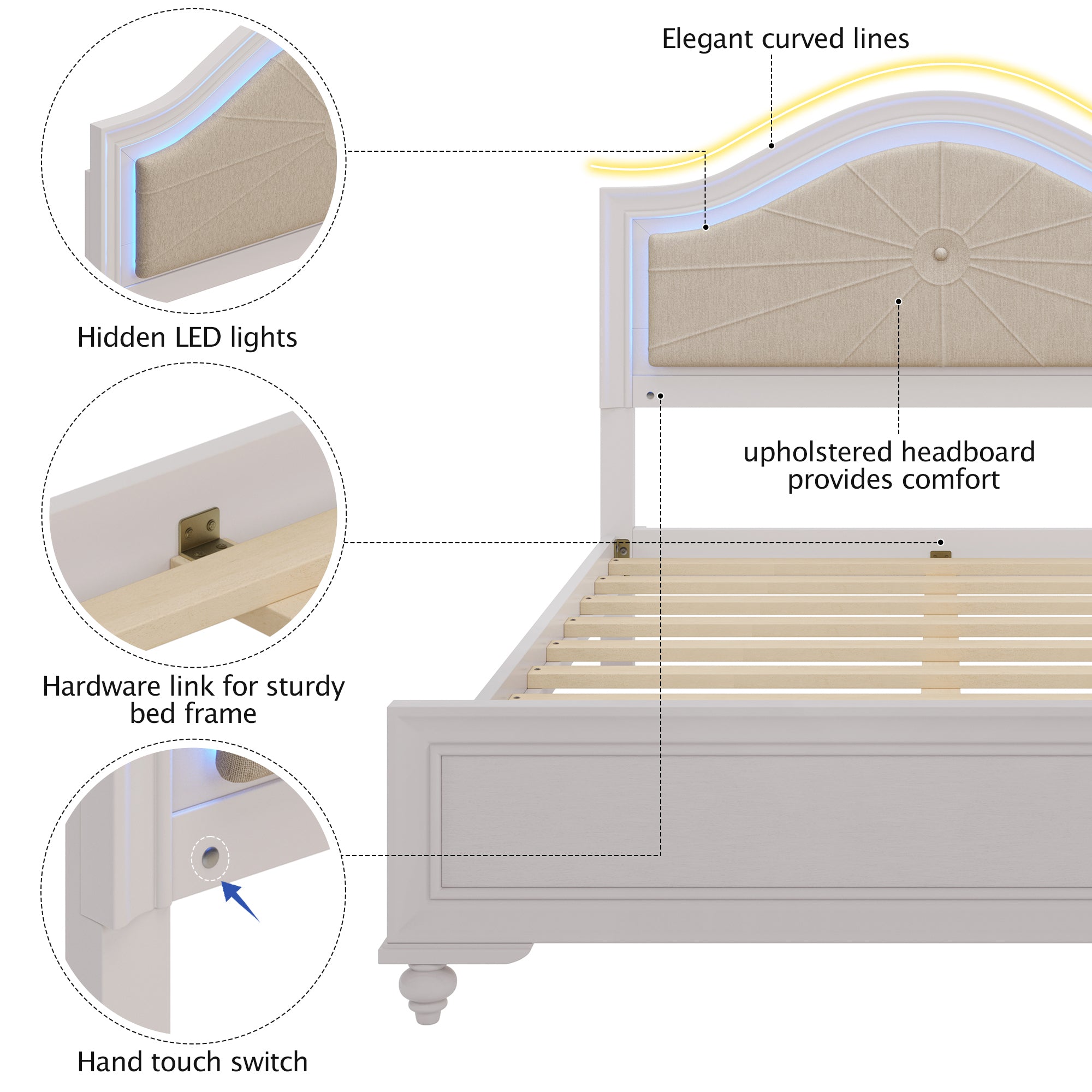 Cream Gray Queen Bed with Hidden LED Light Headboard