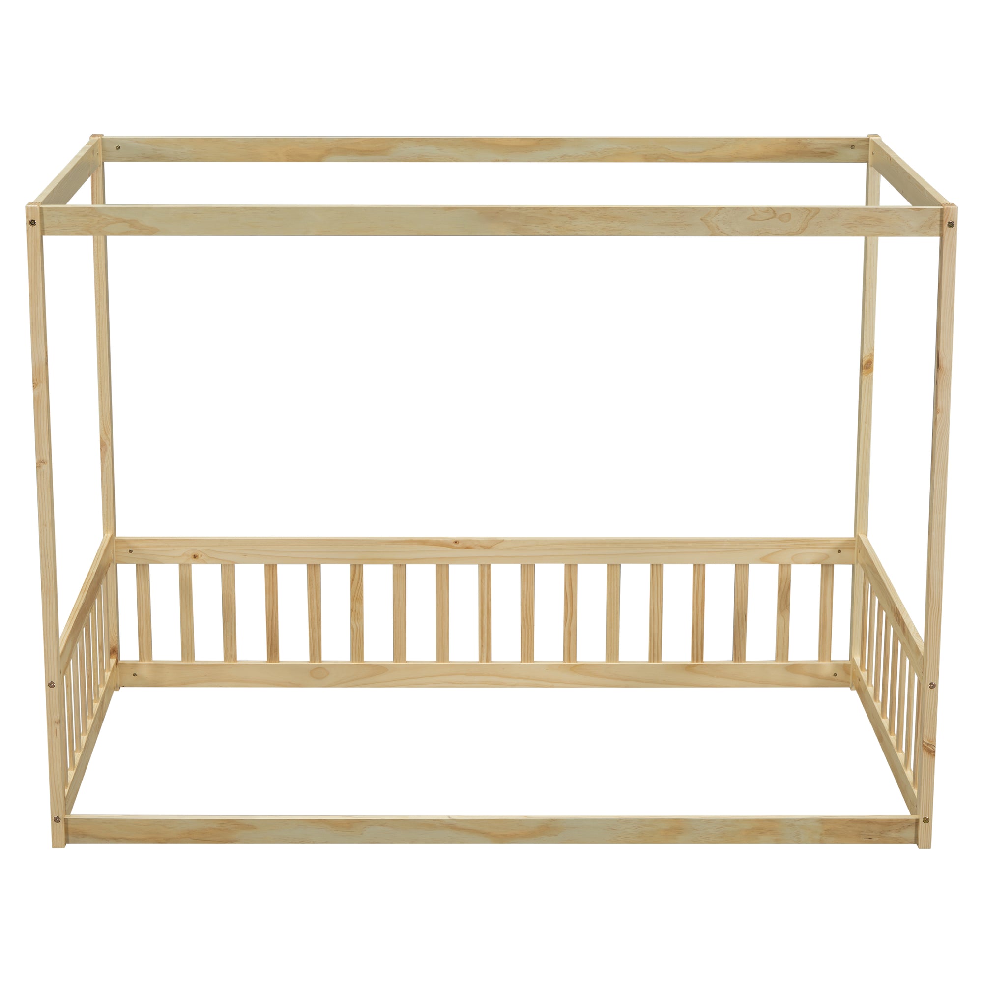 Natural Tone Twin Size Canopy Frame Floor Bed with Guardrails