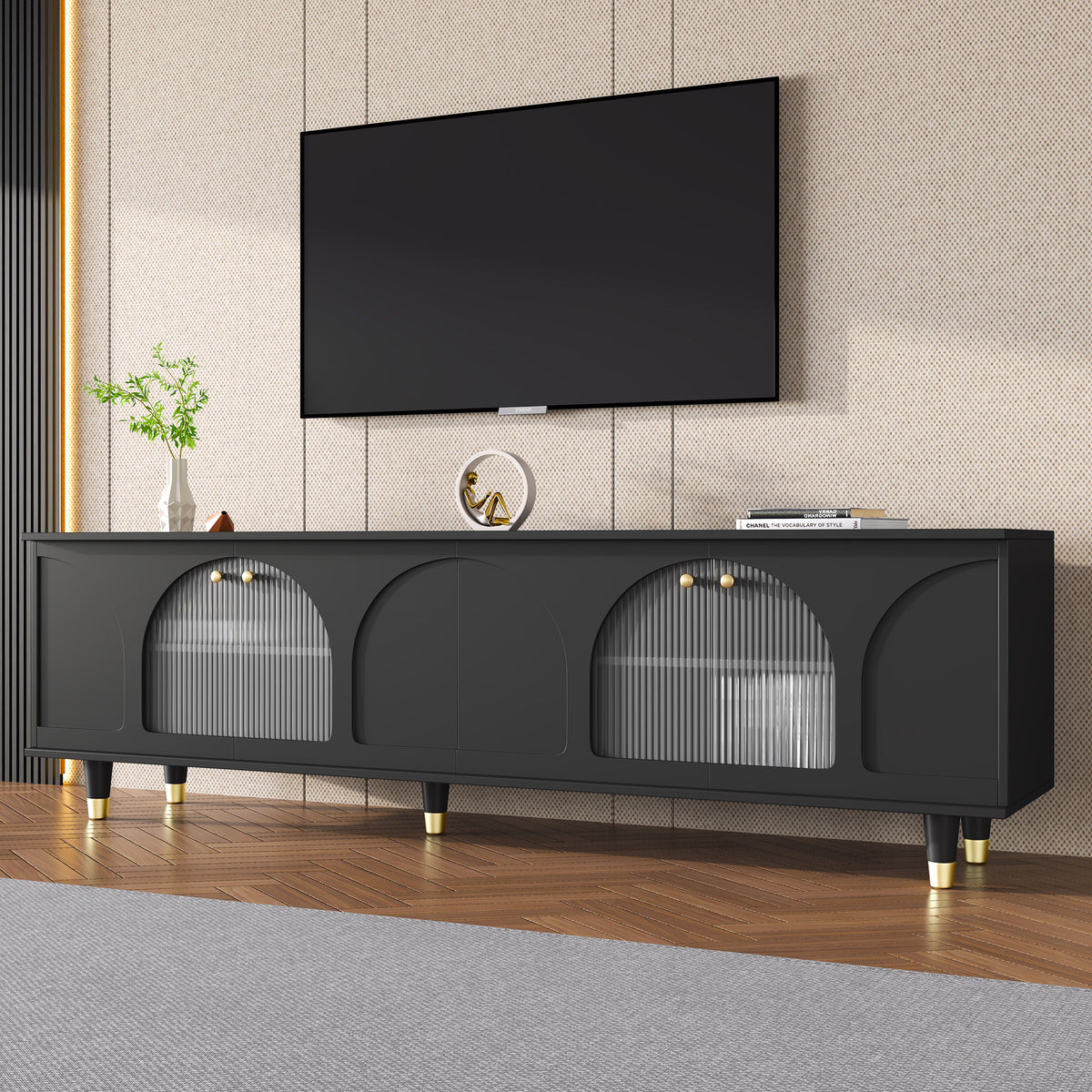 Contemporary TV Stand with Adjustable Shelves for TVs Up to 78 Inch Stylish Media Console with Fluted Glass Doors In Black