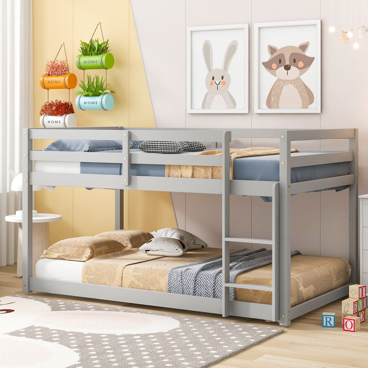 Gray Twin Over Twin Floor Bunk Bed With Low Height Design