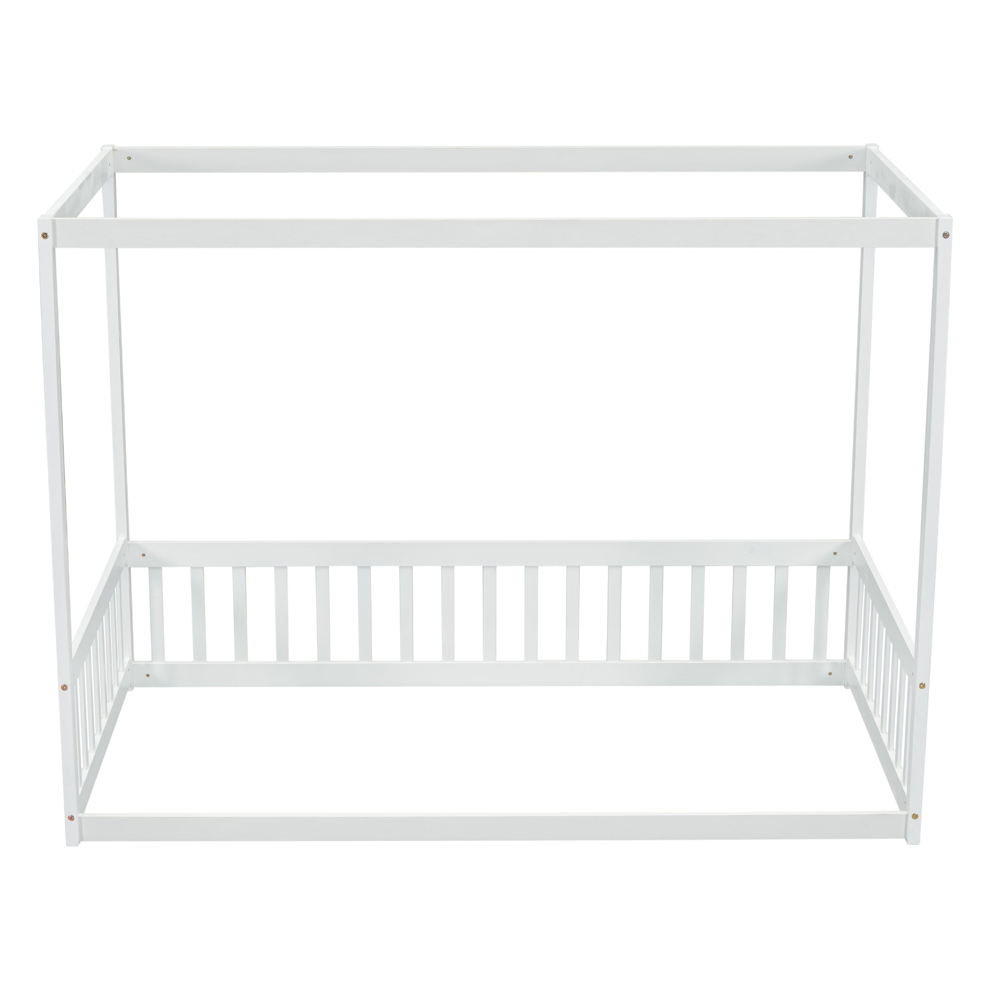 Twin Size White Canopy Frame Floor Bed with Fence and Guardrails