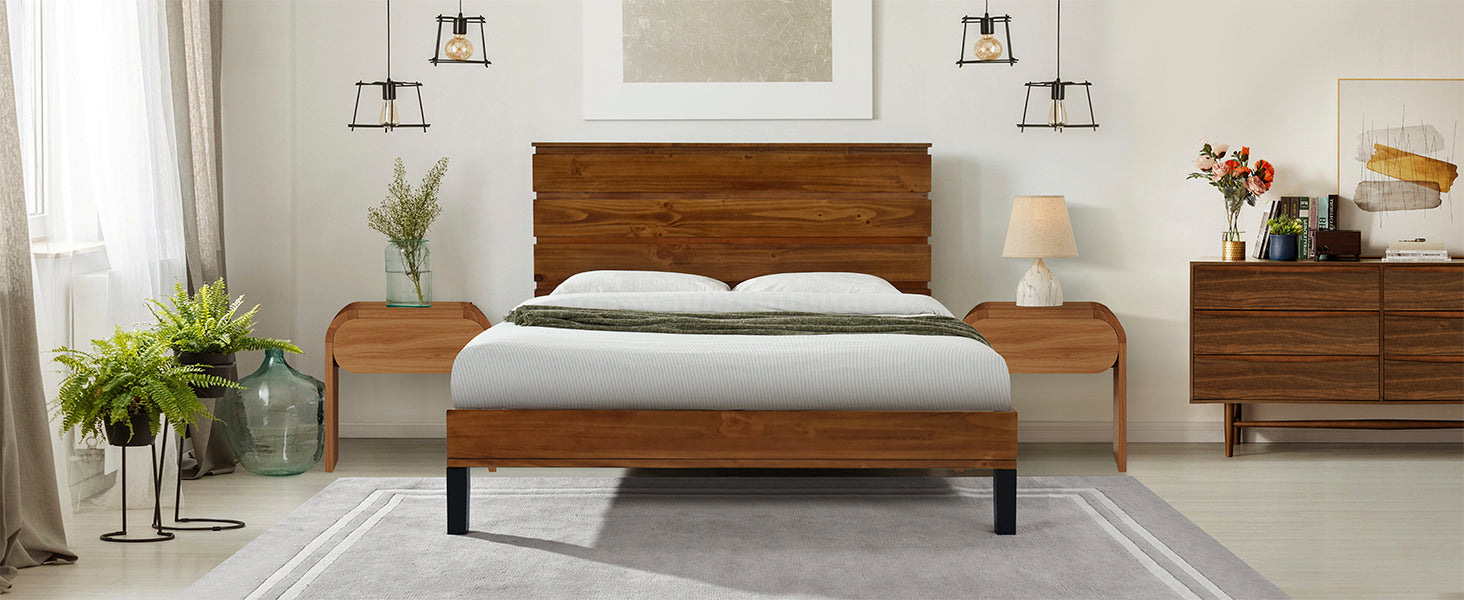 Mid-Century Modern King Bed with Unique Six-Piece Headboard and Natural Wood Grain