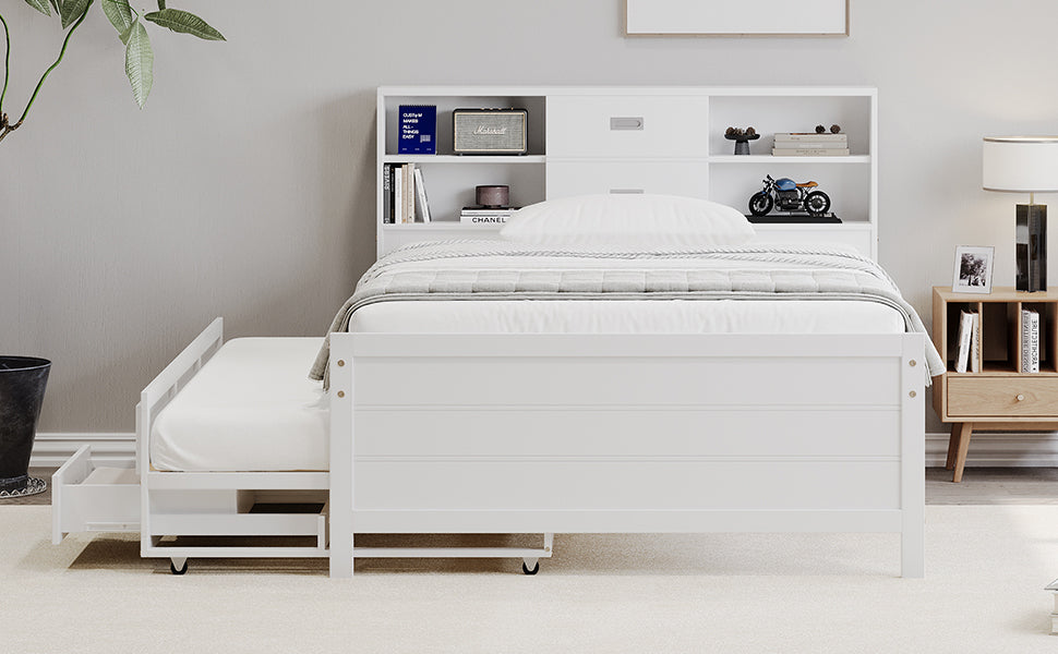 White Twin Platform Bed with Trundle, Drawers, and Storage Headboard