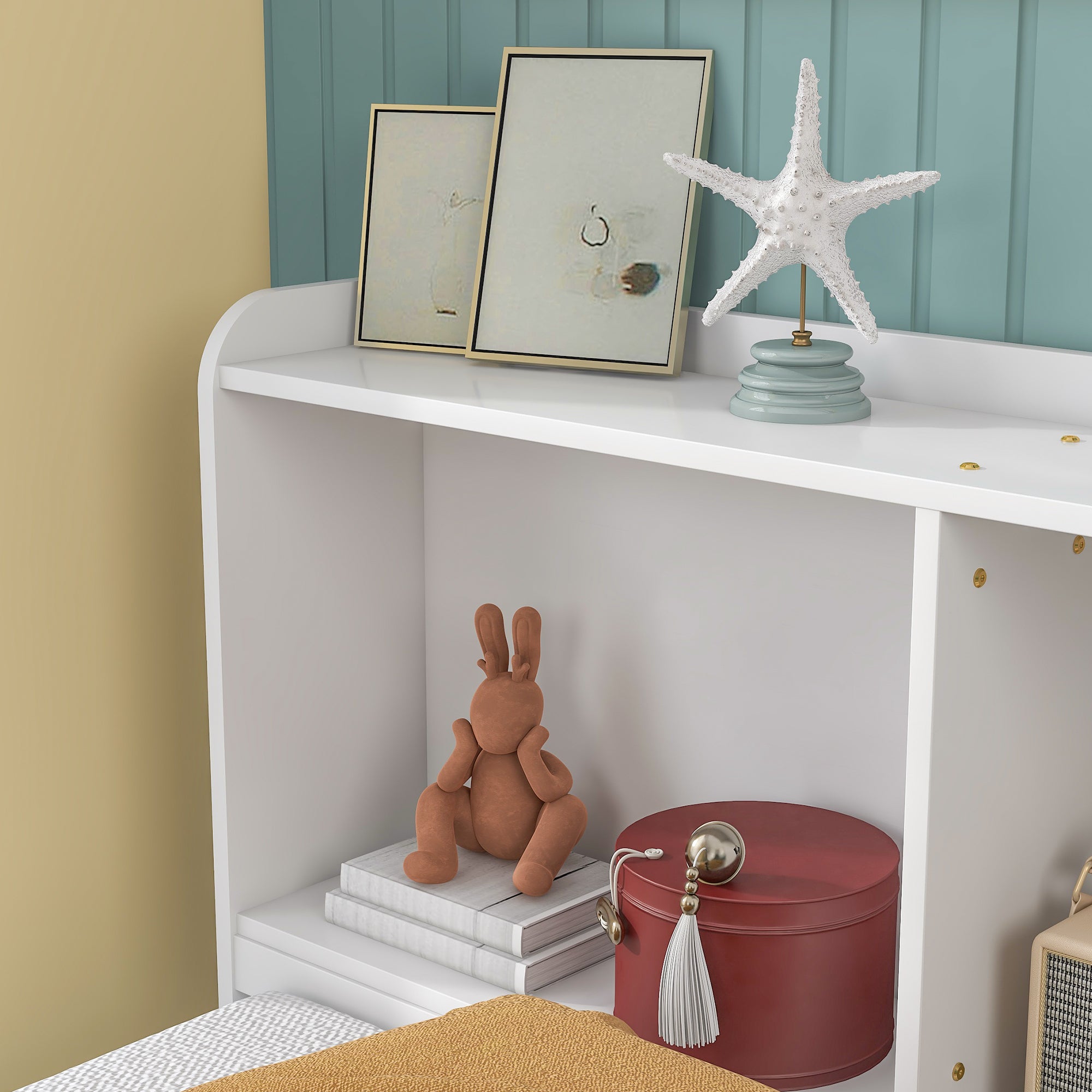 White Twin Bed with Bookcase, Trundle, and Drawers