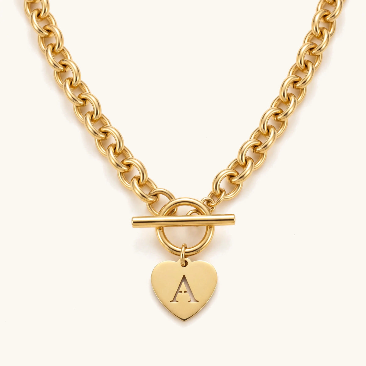 Heart Letter Initial Choker Necklace – chunky gold chain with toggle and cut-out initial heart