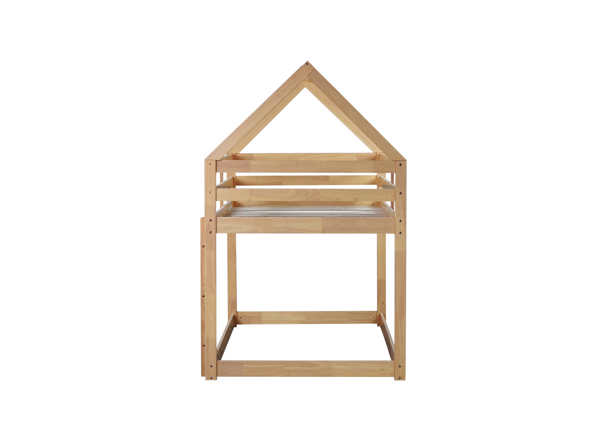 White Oak Twin Over Twin Rubber Wood House-Shaped Bunk Bed with Ladder & Guardrails