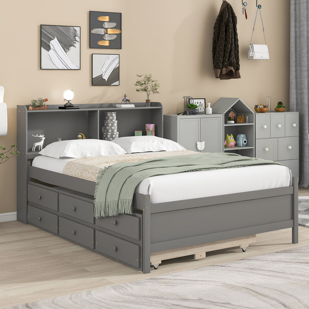 Gray Full Bed with Bookcase, Twin Trundle, and Drawers