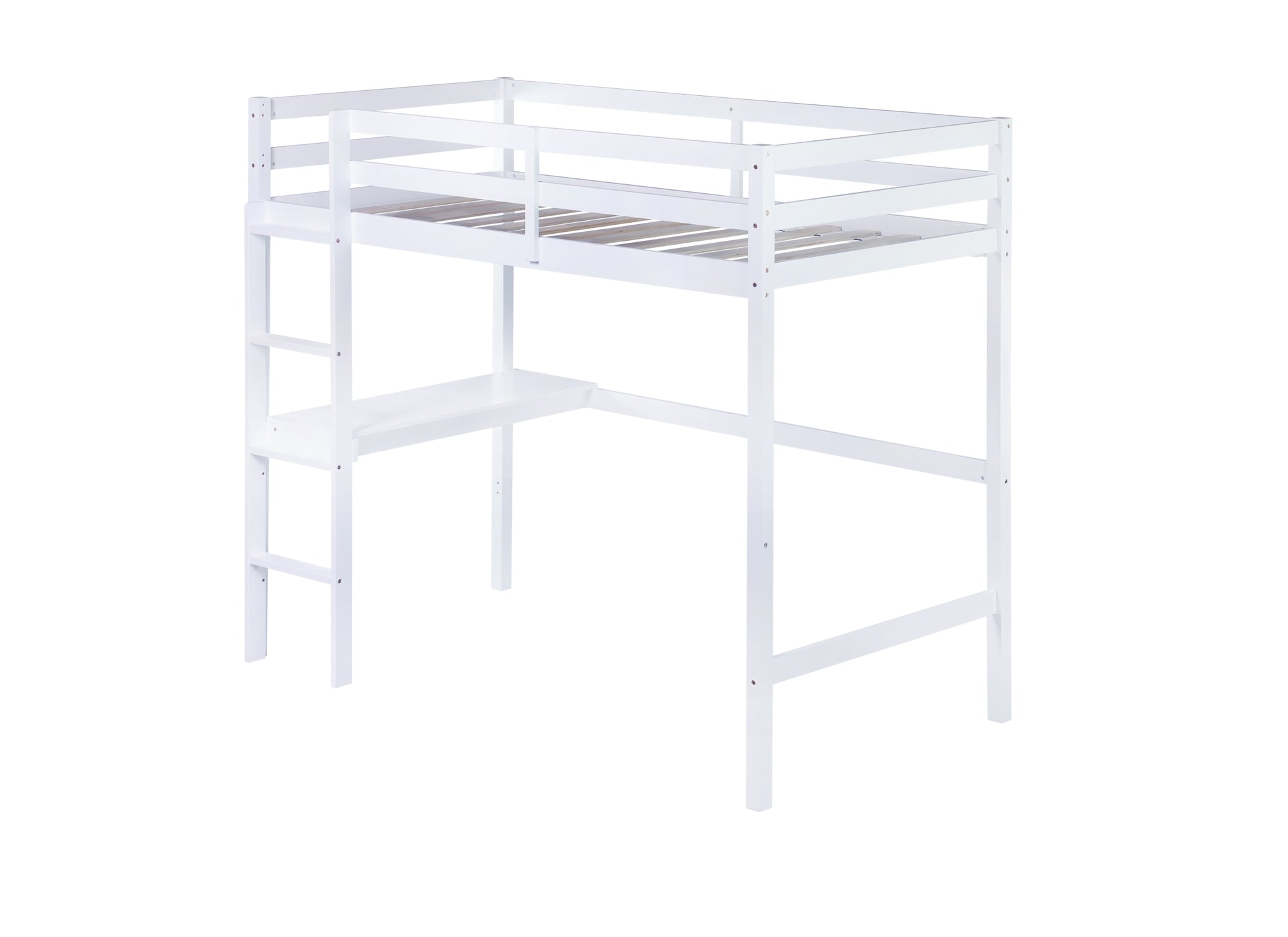 White Twin High Loft Bed For Kids with Built-in Desk in Rubber Wood Construction