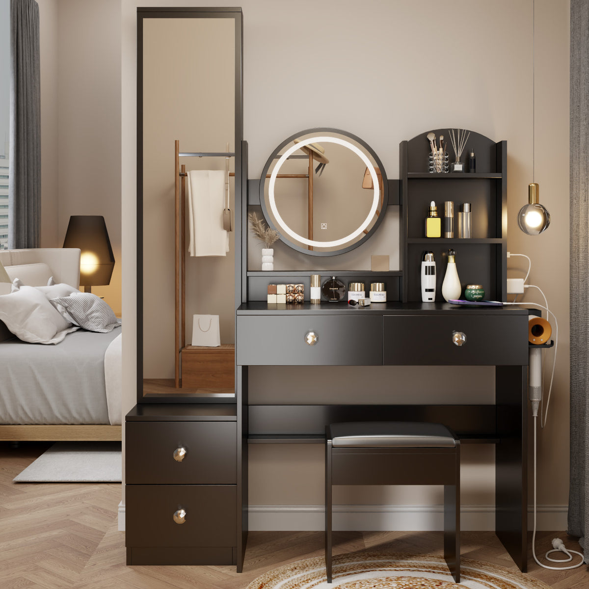 Full Body Mirror Cabinet Round Mirror LED Vanity Table Cushioned Stool With 2 AC 2 USB Power Station Touch Control In Black