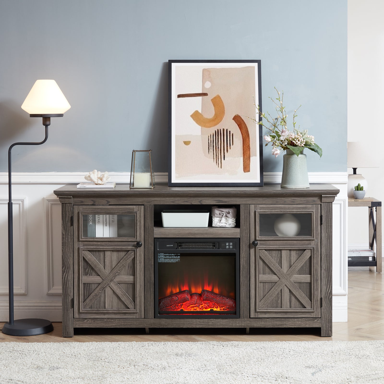 60" Gray Farmhouse TV Stand With Electric Fireplace