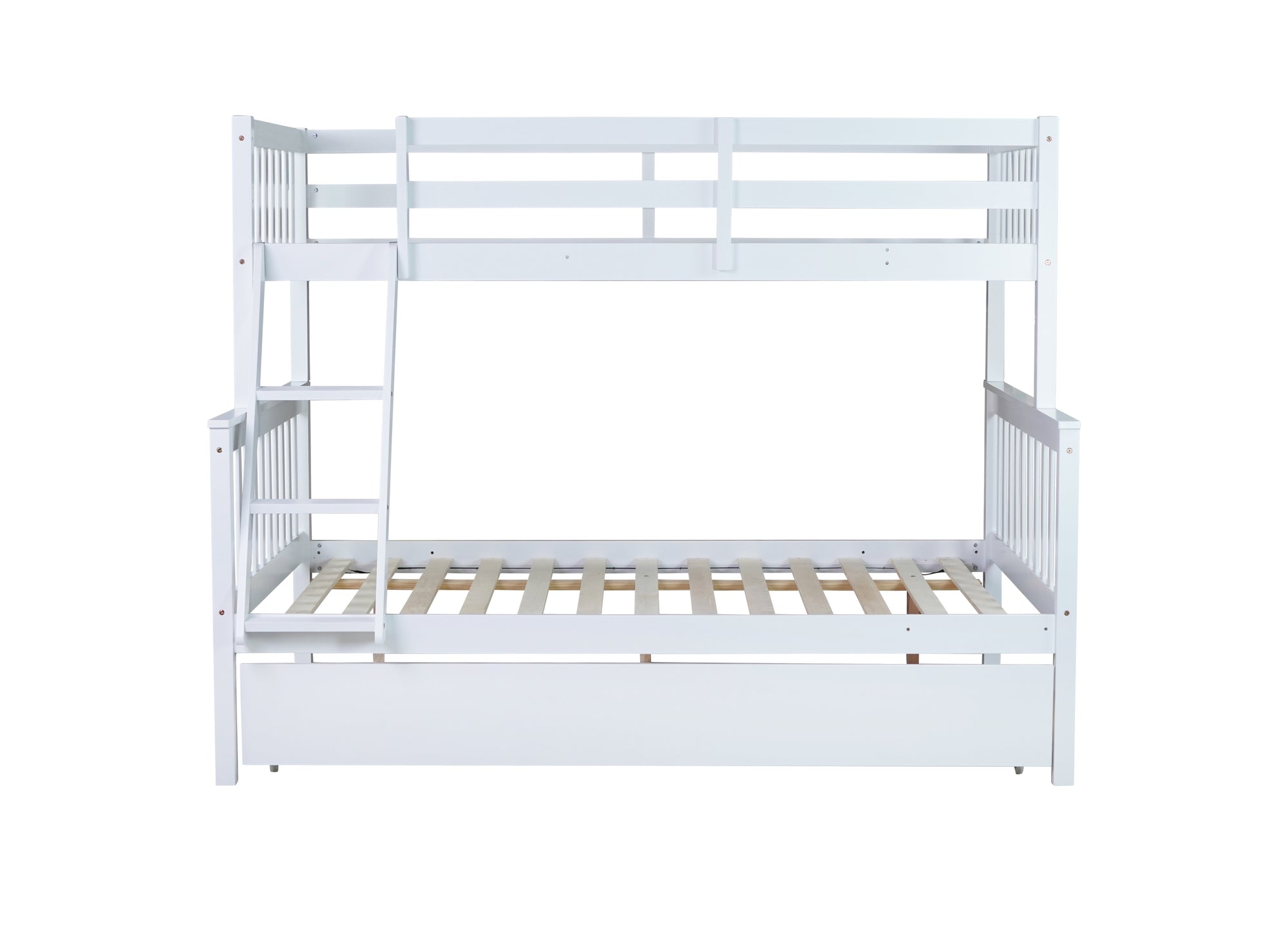 White Twin Over Full Rubber Wood Bunk Bed with Trundle, Detachable Ladder, and Guardrails