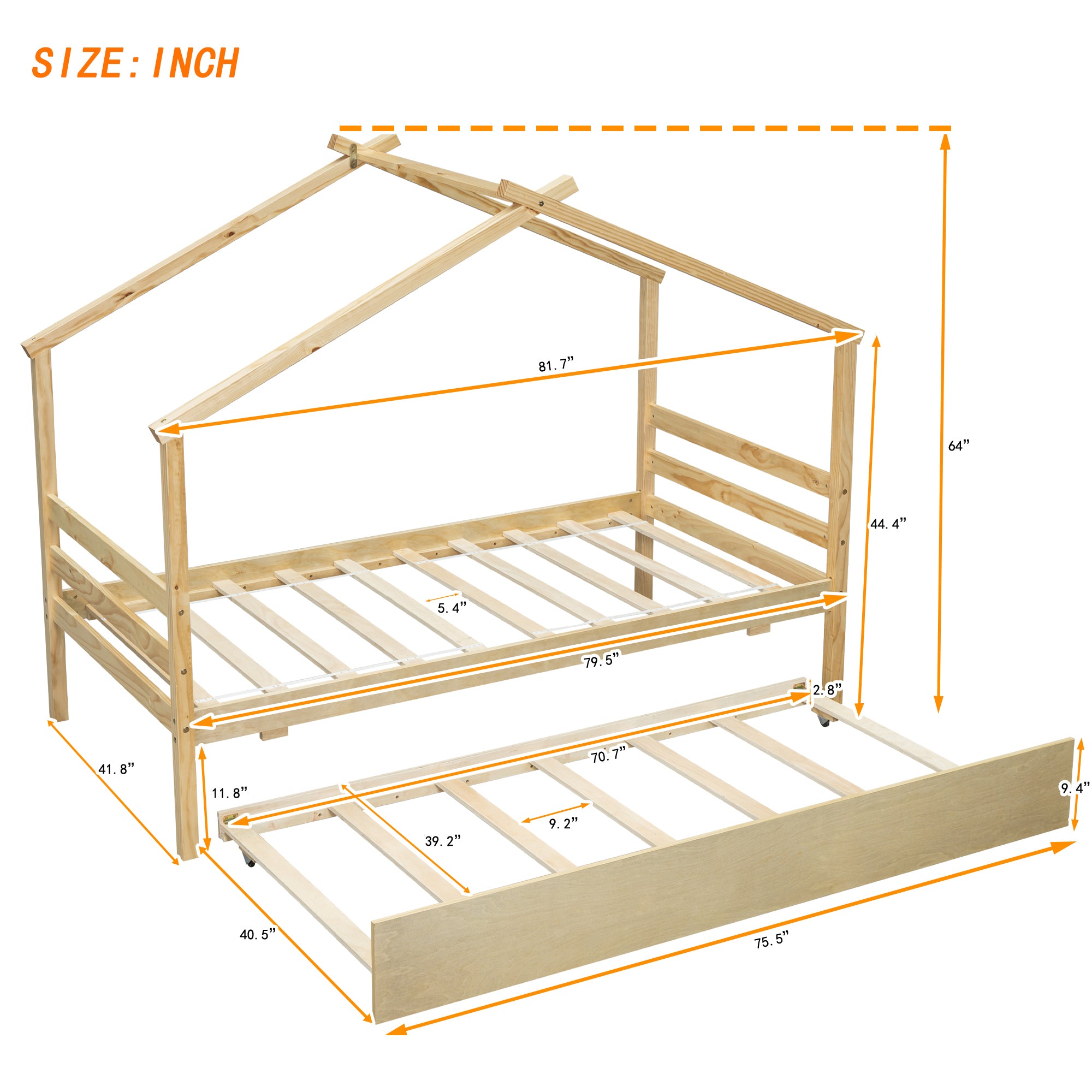 Natural Finish Twin House-Shaped Bed with Trundle