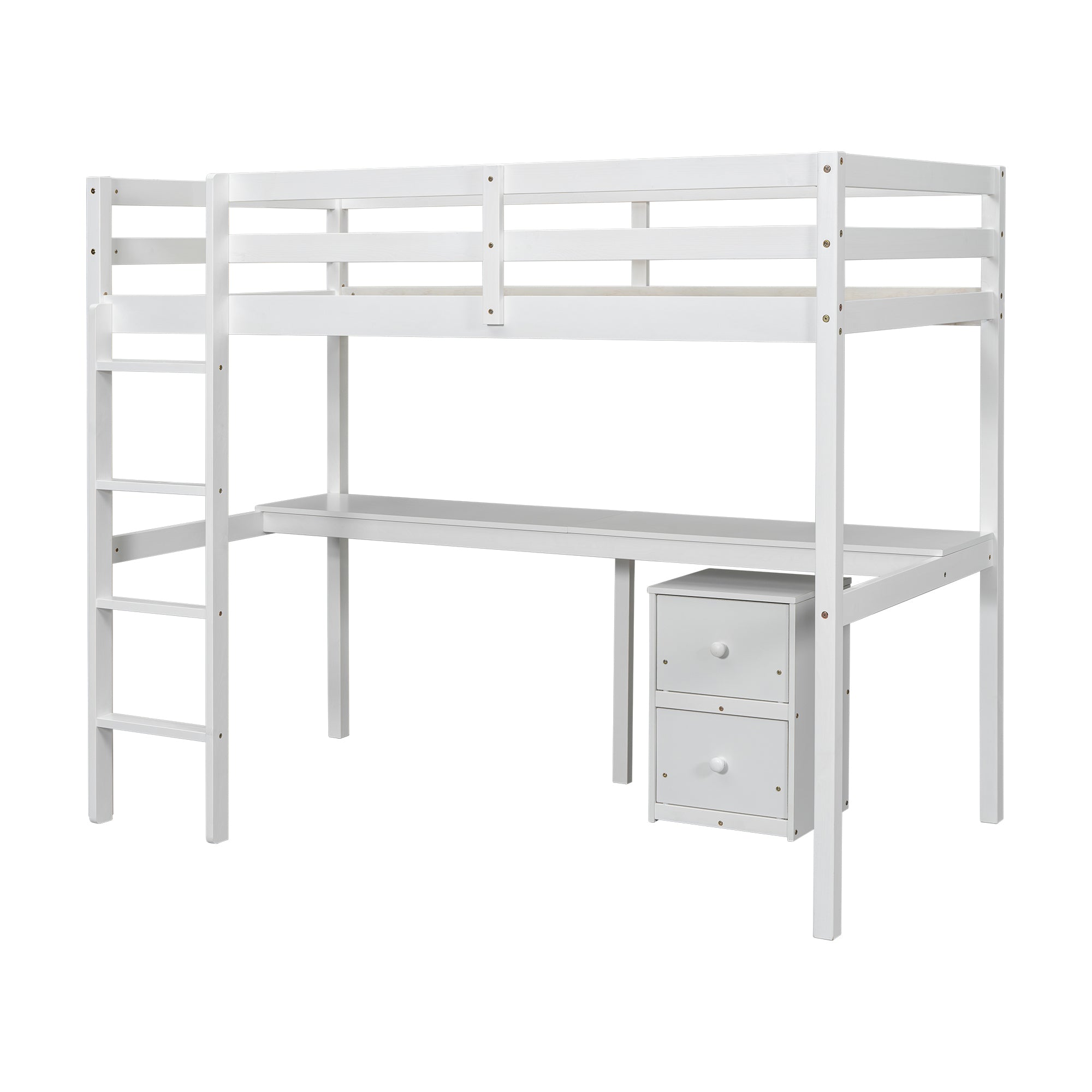 White Twin Loft Bed with Built-in Desk, Storage Cabinet, Guardrails & Ladder