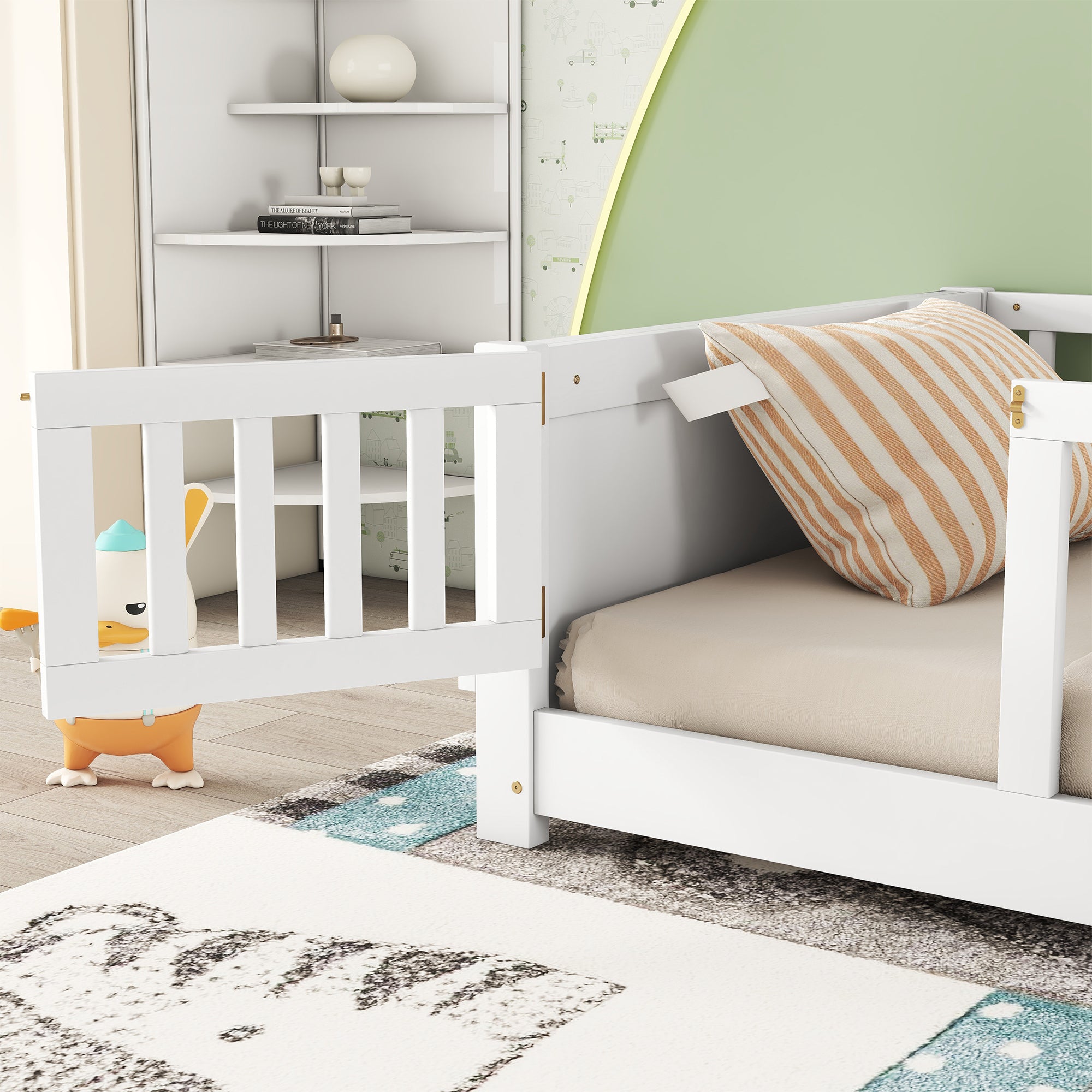 White Twin Toddler Floor Platform Bed with Built-in Book Storage Rack and Door