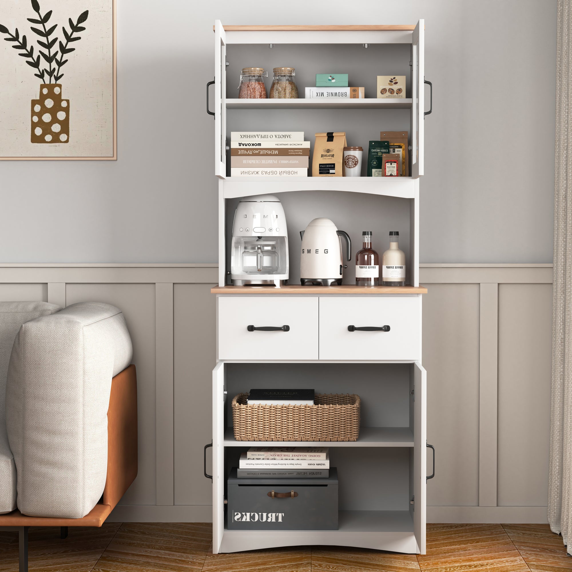 Wooden Kitchen Cabinet White Pantry Room Storage Microwave Cabinet with Framed Glass Doors In White