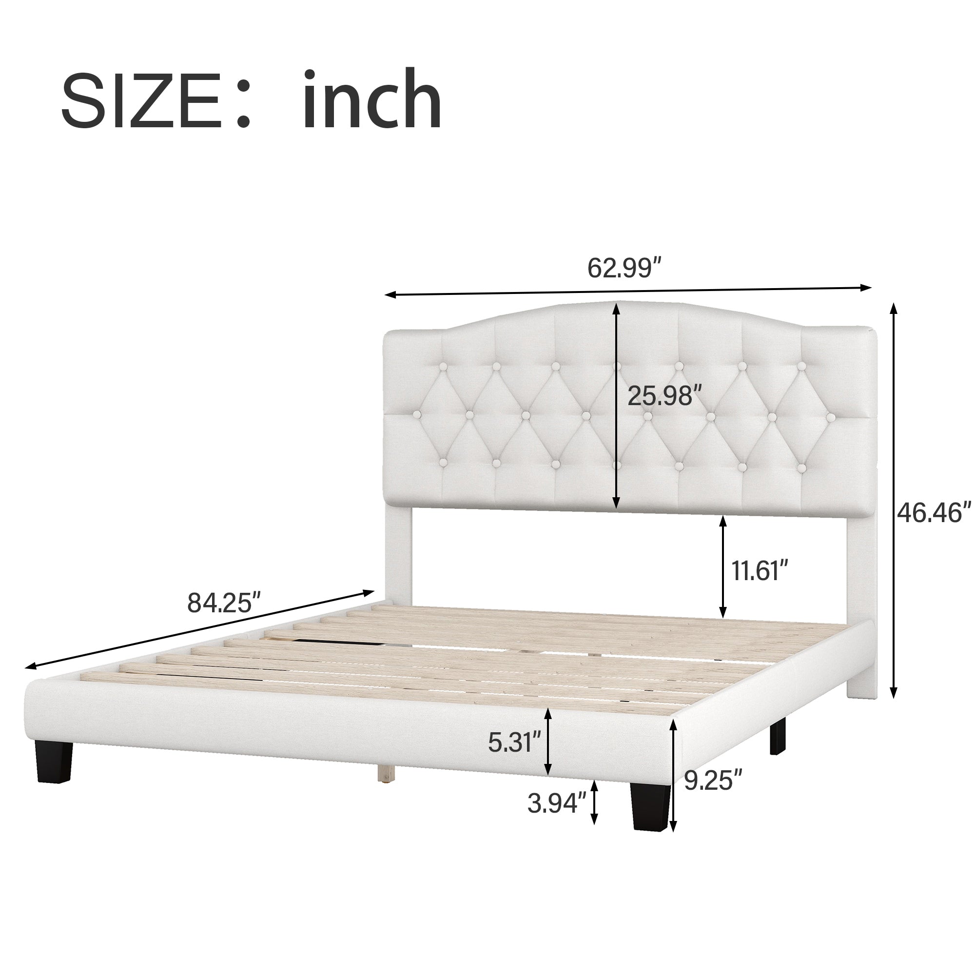 Beige Queen Size Upholstered Platform Bed with Diamond-Tufted Headboard