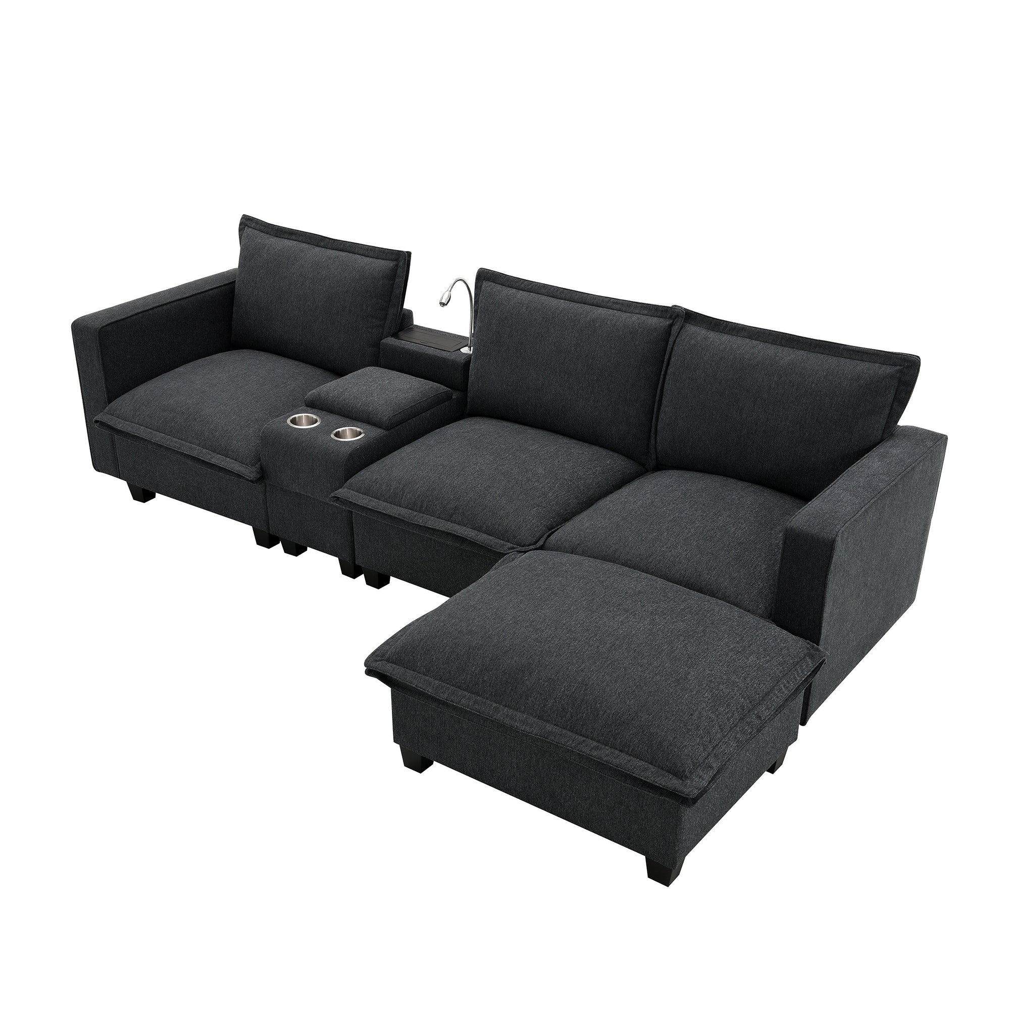 4-Seater Modular Chenille Sofa with Reading Lights & Storage in Dark Gray