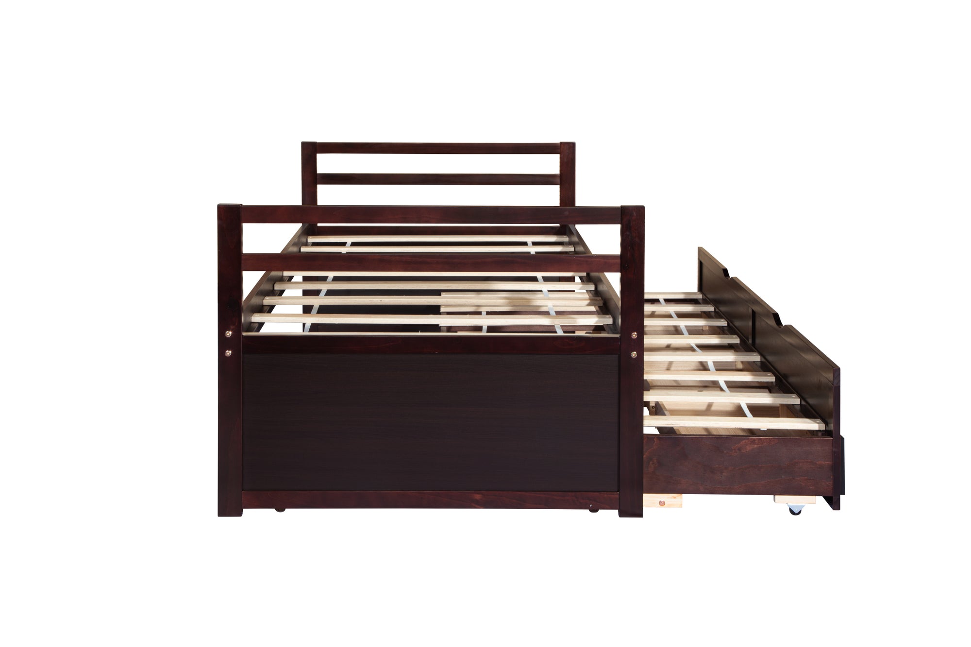 Espresso Pine Twin Size Bed with Headboard, Footboard, Trundle, and Three Storage Drawers