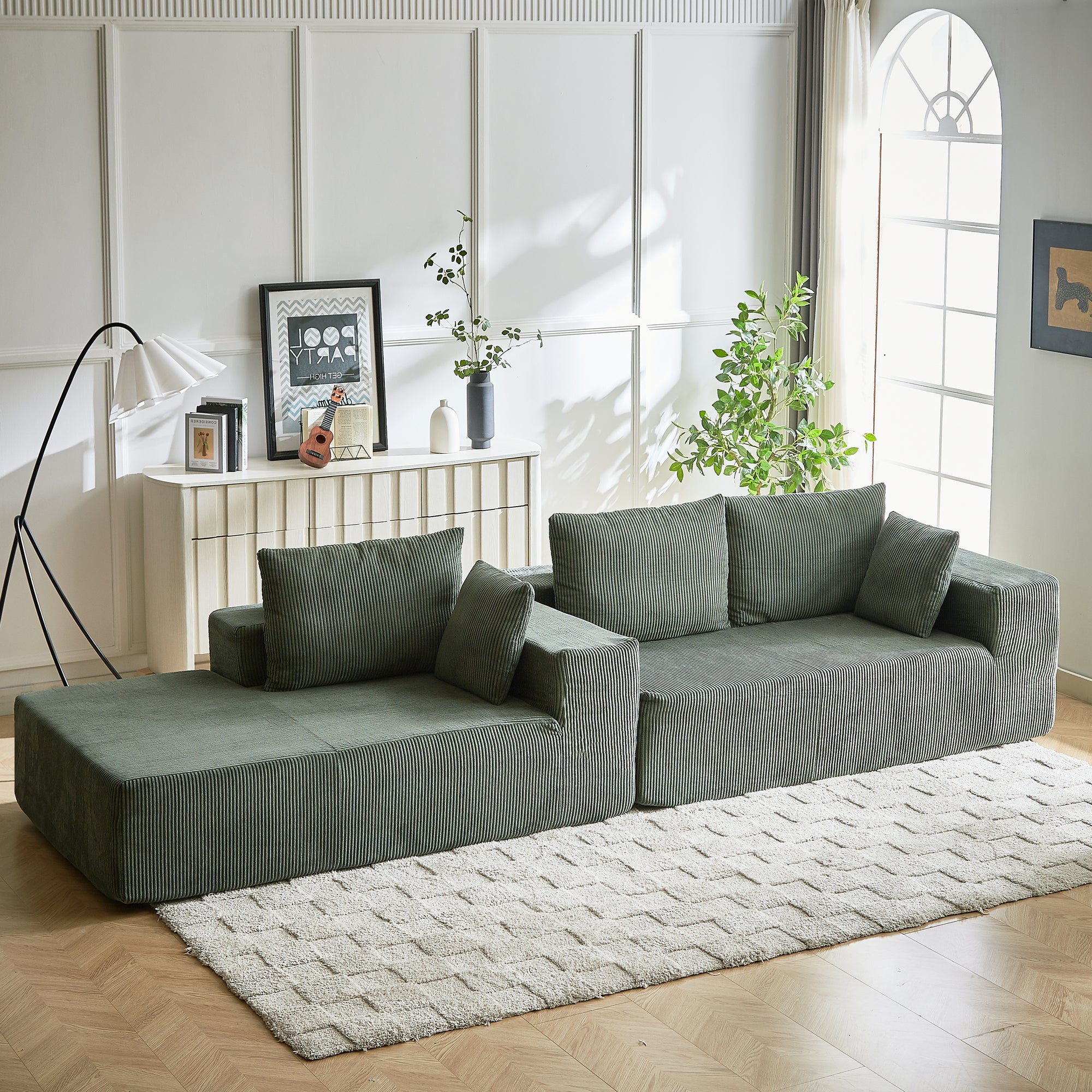 Modern Corduroy Upholstered Modular Sectional Sofa Set With Free Combination Design And Five Pillows In Green