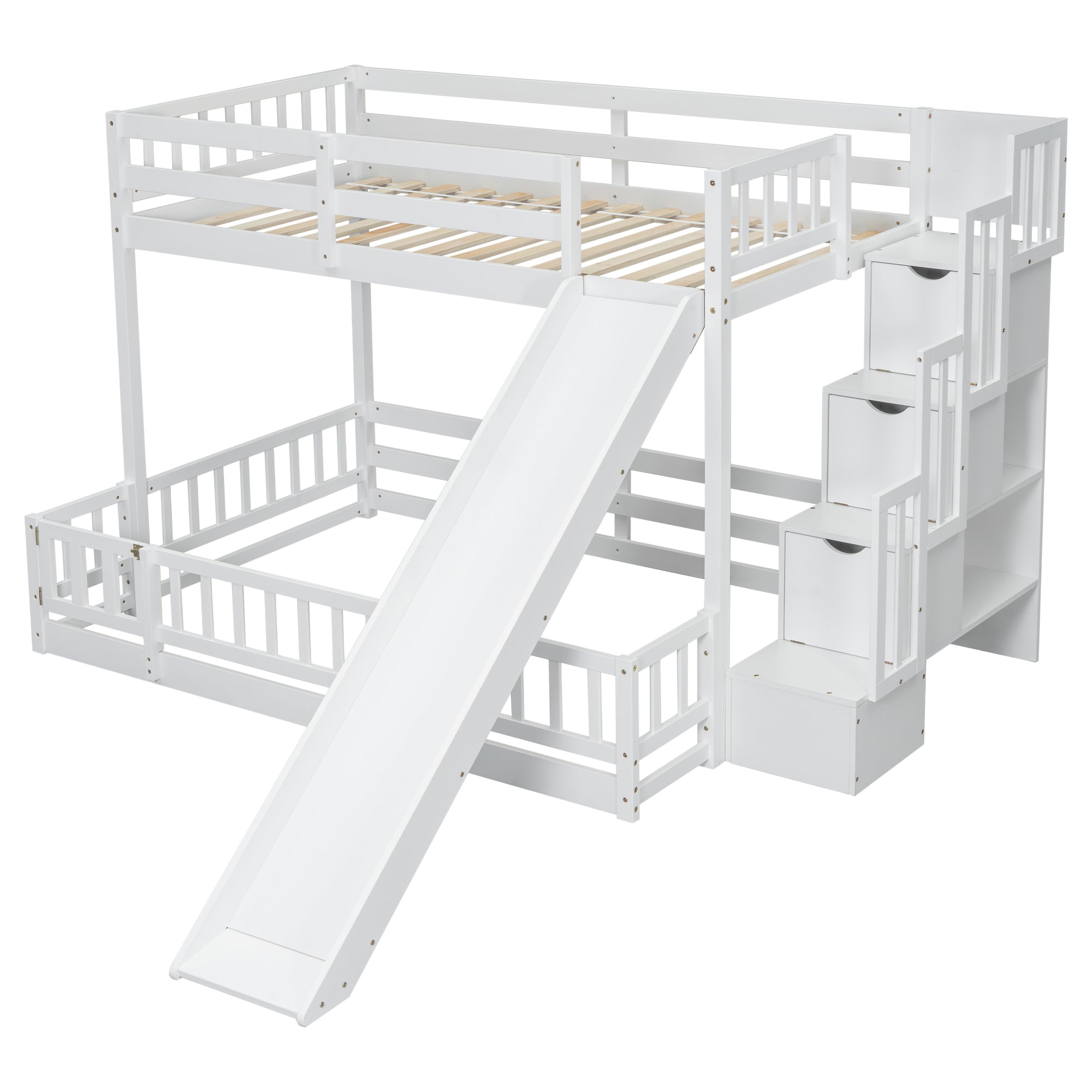 Solid Pine Wood Twin Over Full Bunk Bed with Slide and Storage Staircase