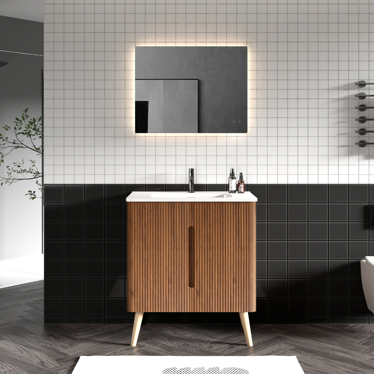 30 Inch Striped Walnut Bathroom Vanity with Sink Freestanding and Wall Mounted Options In White and Walnut