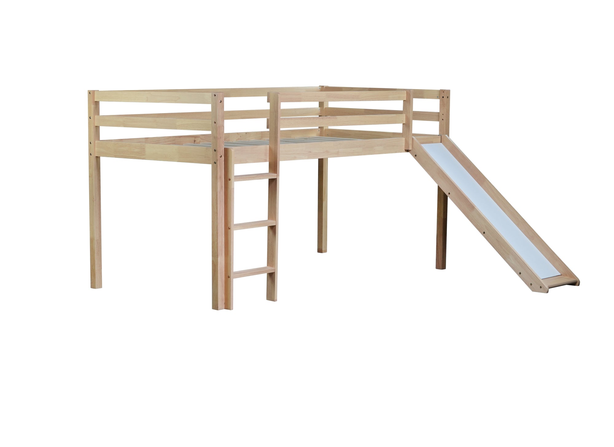 White Oak Twin Low Loft Bed with Slide and Ladder