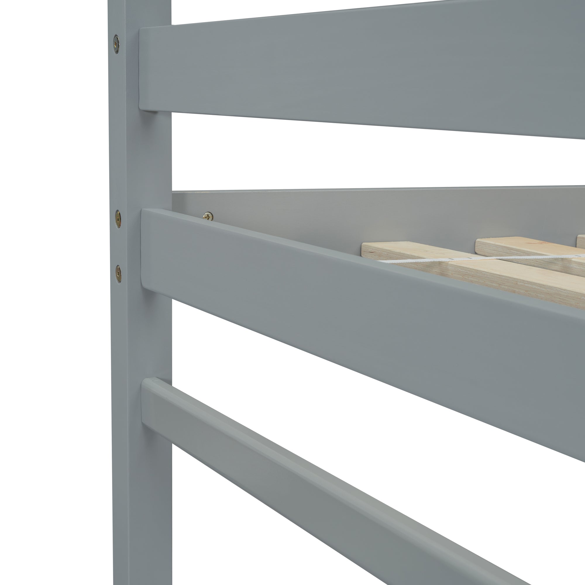 Gray Twin Size High Loft Bed with Inclined Ladder and Guardrails