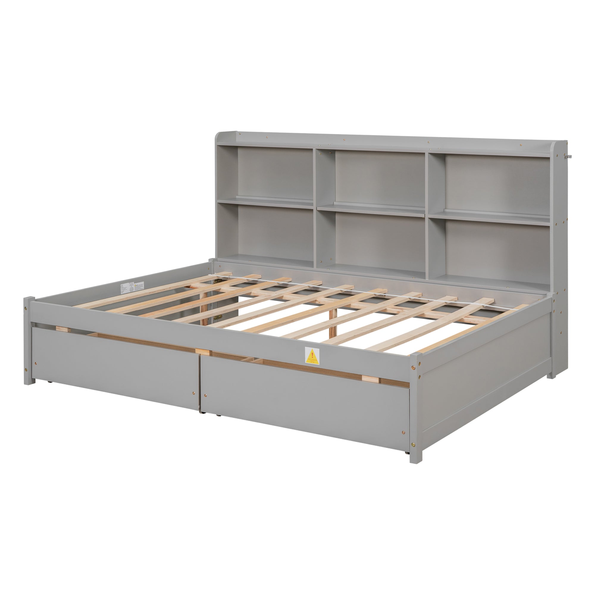 Gray Full Bed with Side Bookcase and Drawers