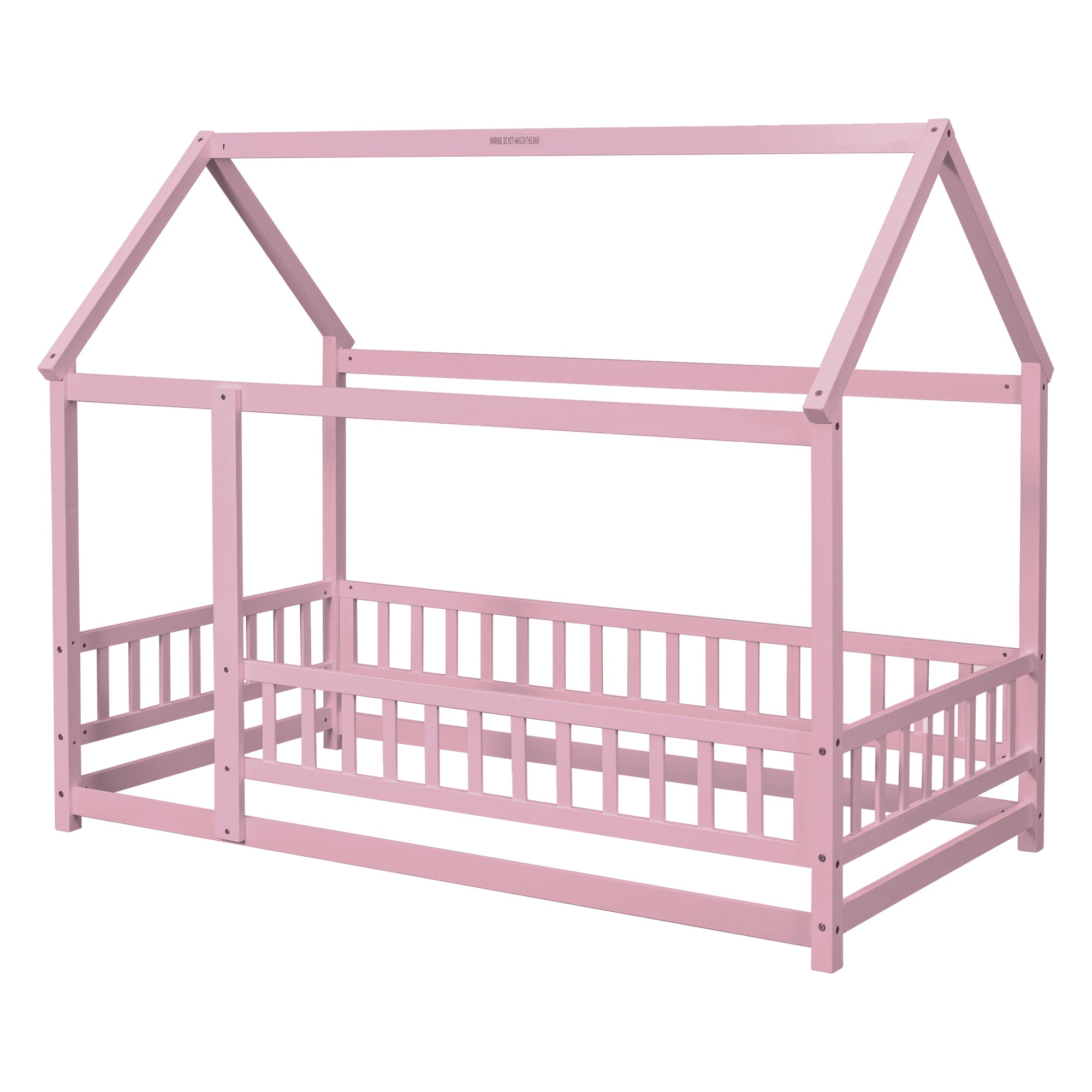 Pink Twin Size Toddler Floor Wooden Bed with House Roof Frame and Fence Guardrails