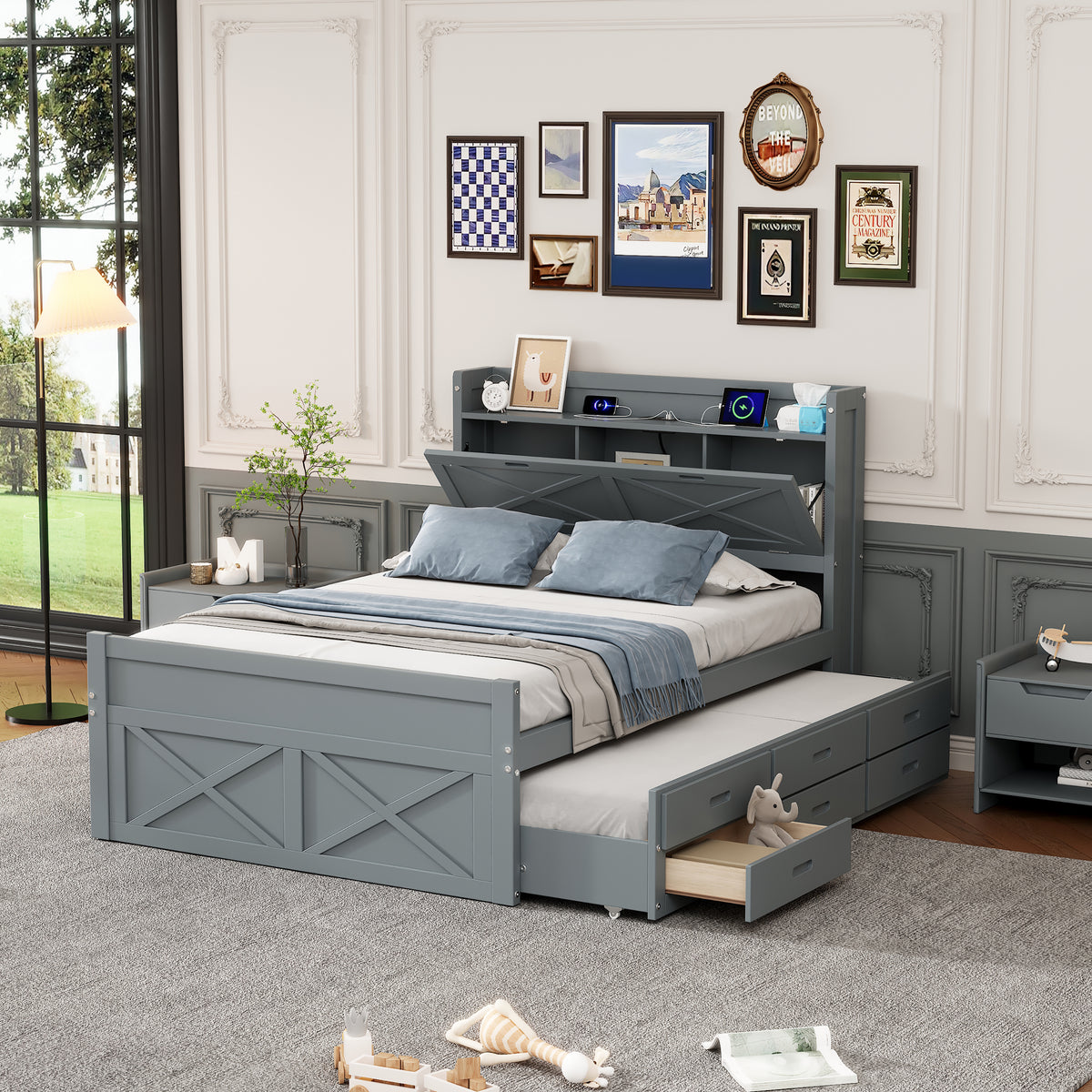 Full Size Wooden Bed with Storage Headboard and Outlets Extendable Twin Trundle with Three Drawers In Gray