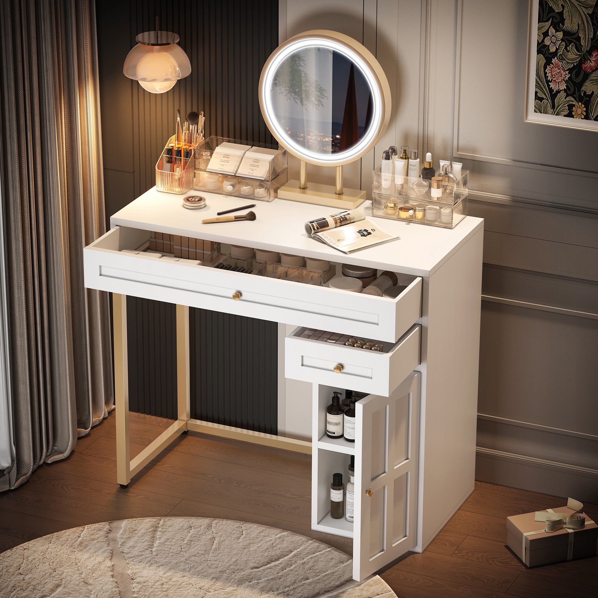 Luxury 31.5'' Makeup Vanity Desk with Lighted Mirror and Storage In White-Gold