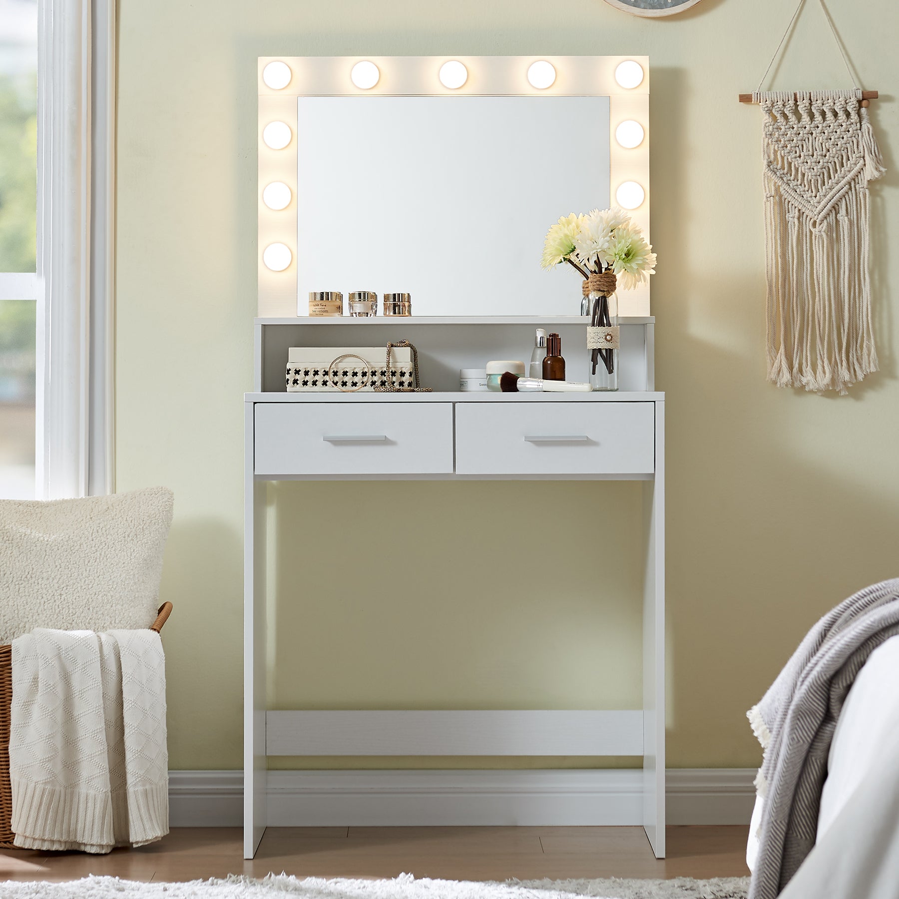 Vanity Desk with Mirror and Lights, Large Drawer, 3 Brightness Modes for Easy Storage In White