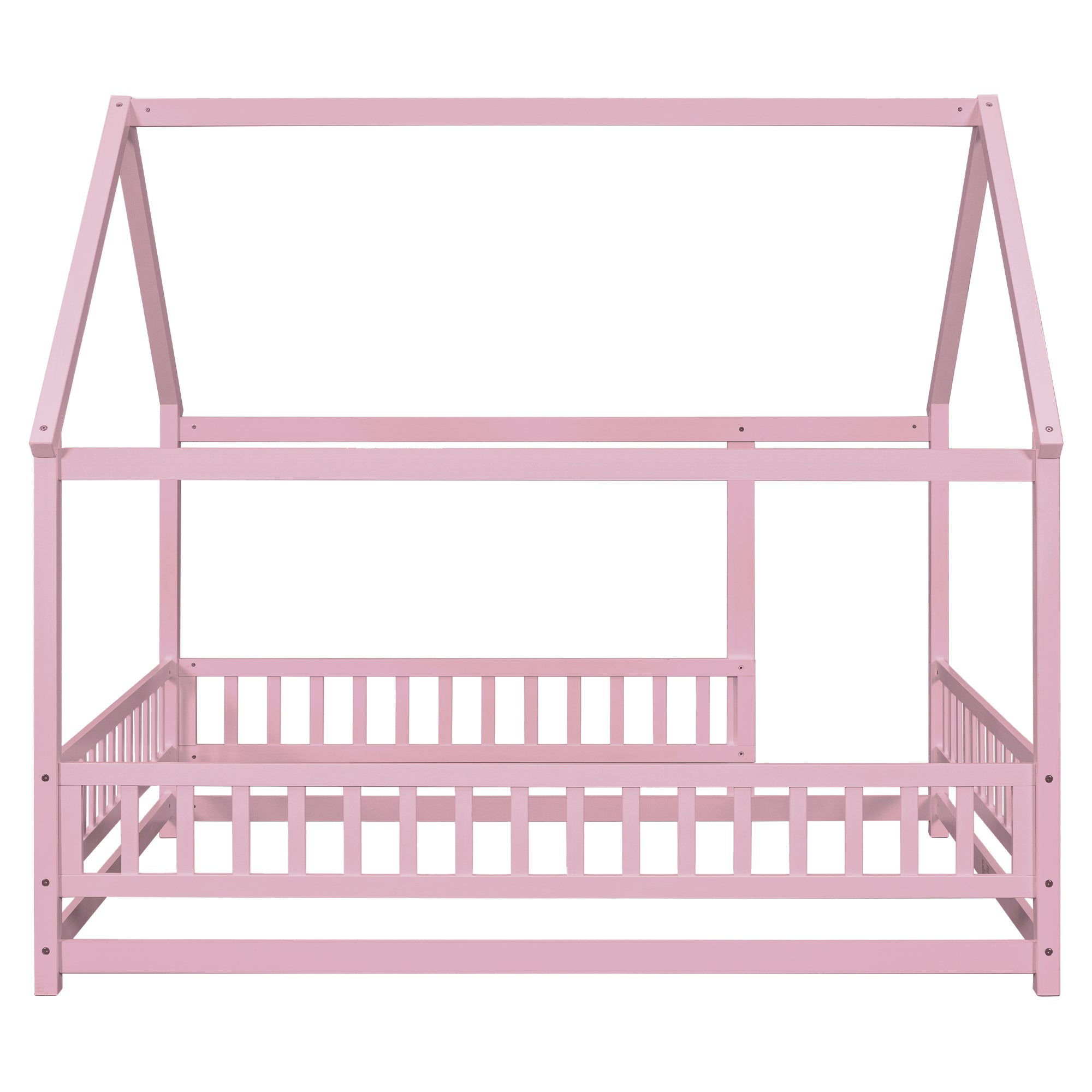 Pink Full-Size Toddler Floor Wooden Bed with House Roof Frame & Fence Guardrails