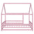 Pink Full-Size Toddler Floor Wooden Bed with House Roof Frame & Fence Guardrails