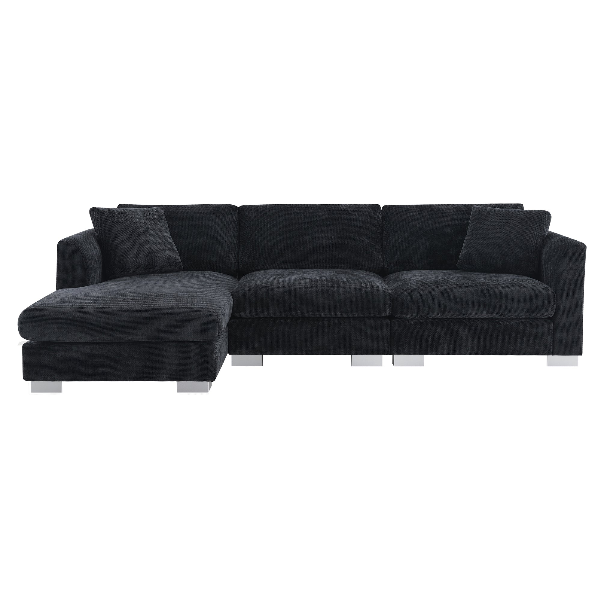 Black Chenille L-Shaped Sectional Sofa with Chaise Lounge and Aluminum Legs