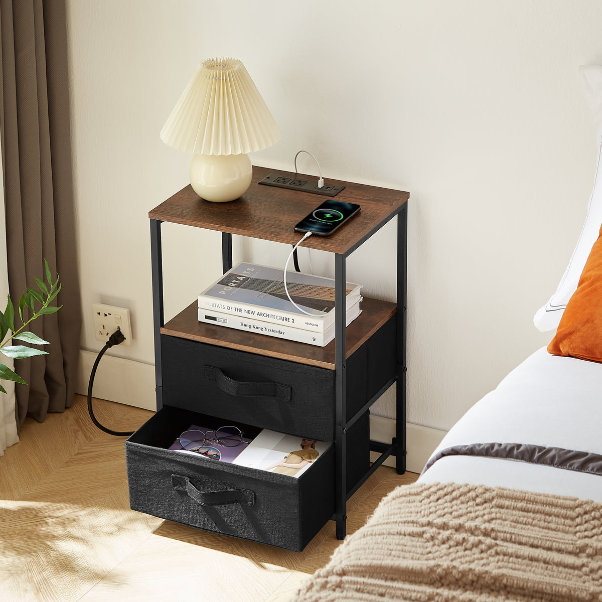 End Table with Charging Station and USB Port 2 Drawers Open Storage for Living Room Bedroom Office In Brown