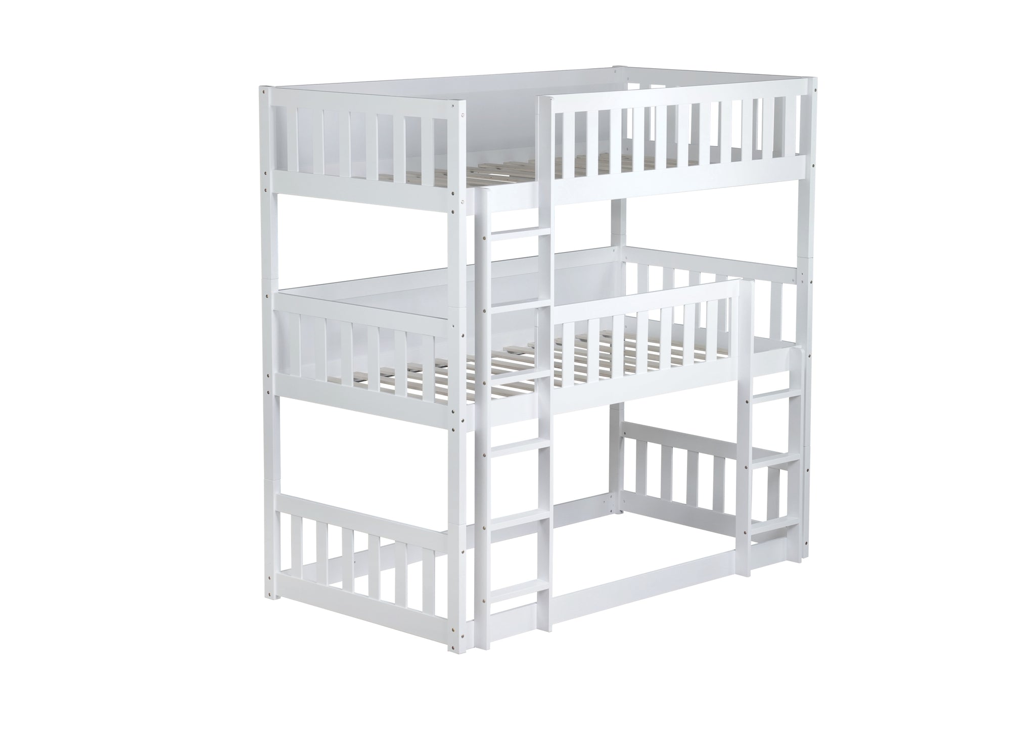 Detachable Twin Size Triple Bunk Bed with Ladders and Guardrails in White