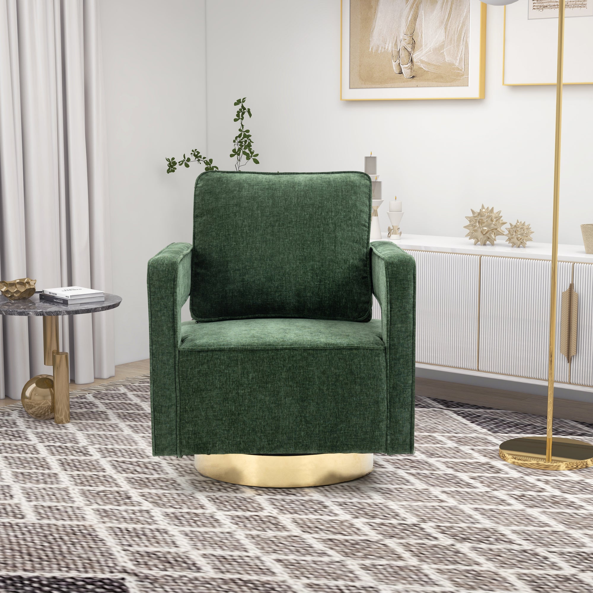 Open Back Chair Green Chenille Swivel Accent Chair With Gold Stainless Steel Base