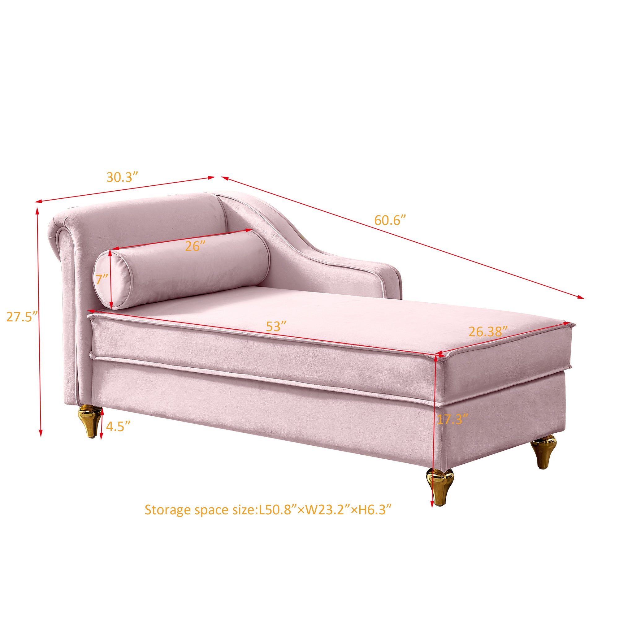 Modern Pink Velvet Chaise Lounge With Storage Compartment