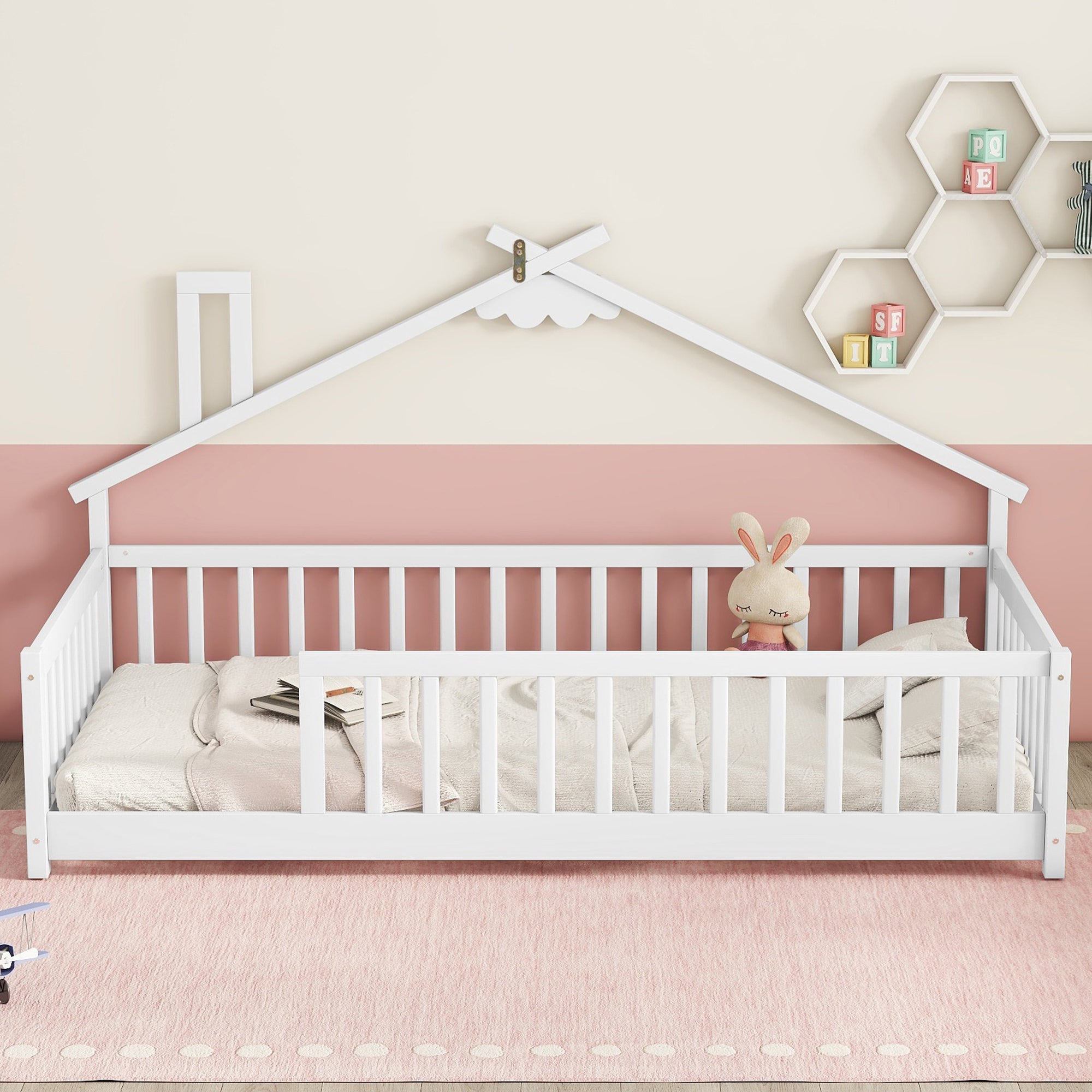 Twin House-Shaped Toddler Floor Bed with Guardrails and Slats