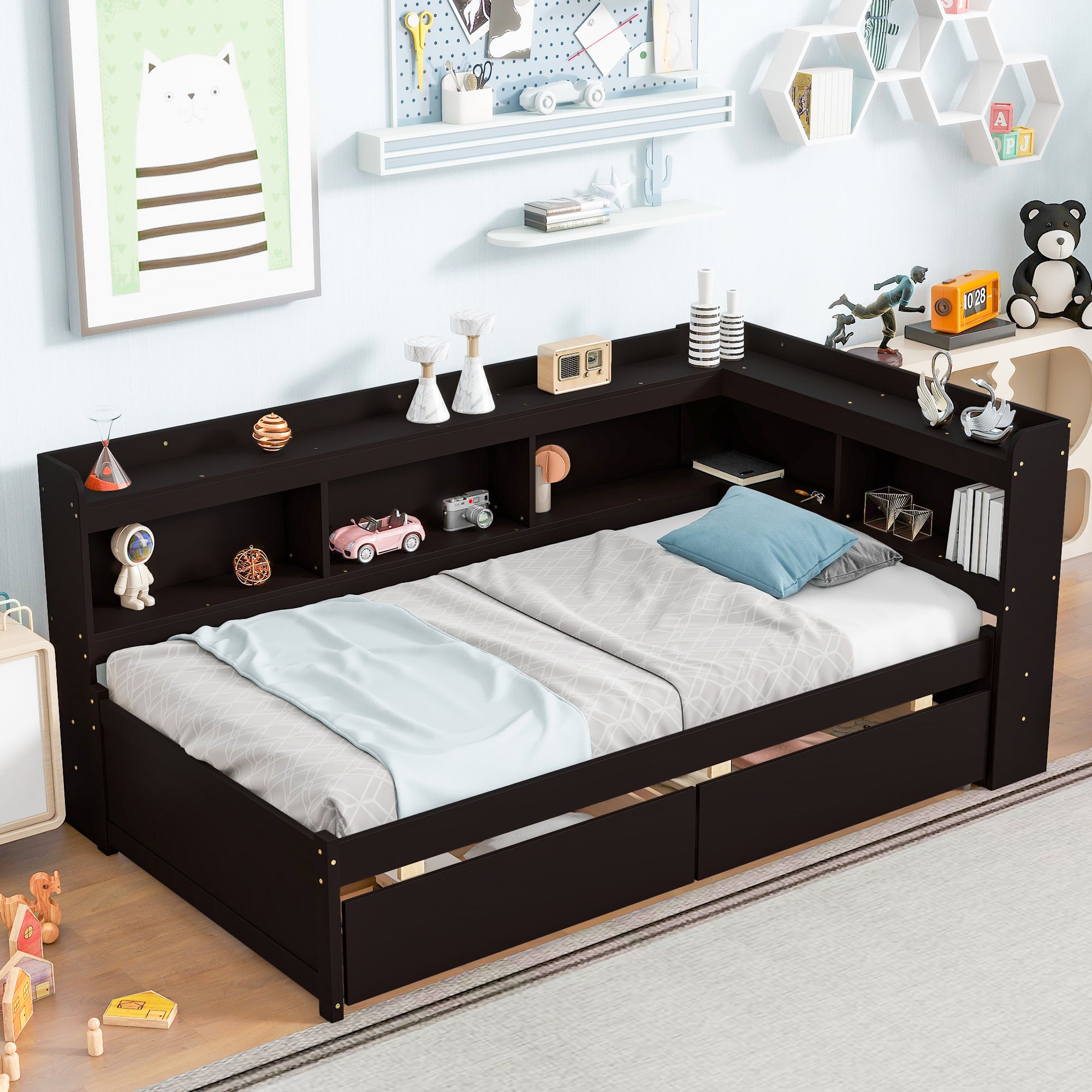 Twin Bed with L-Shaped Bookcases & Storage Drawers In Espresso