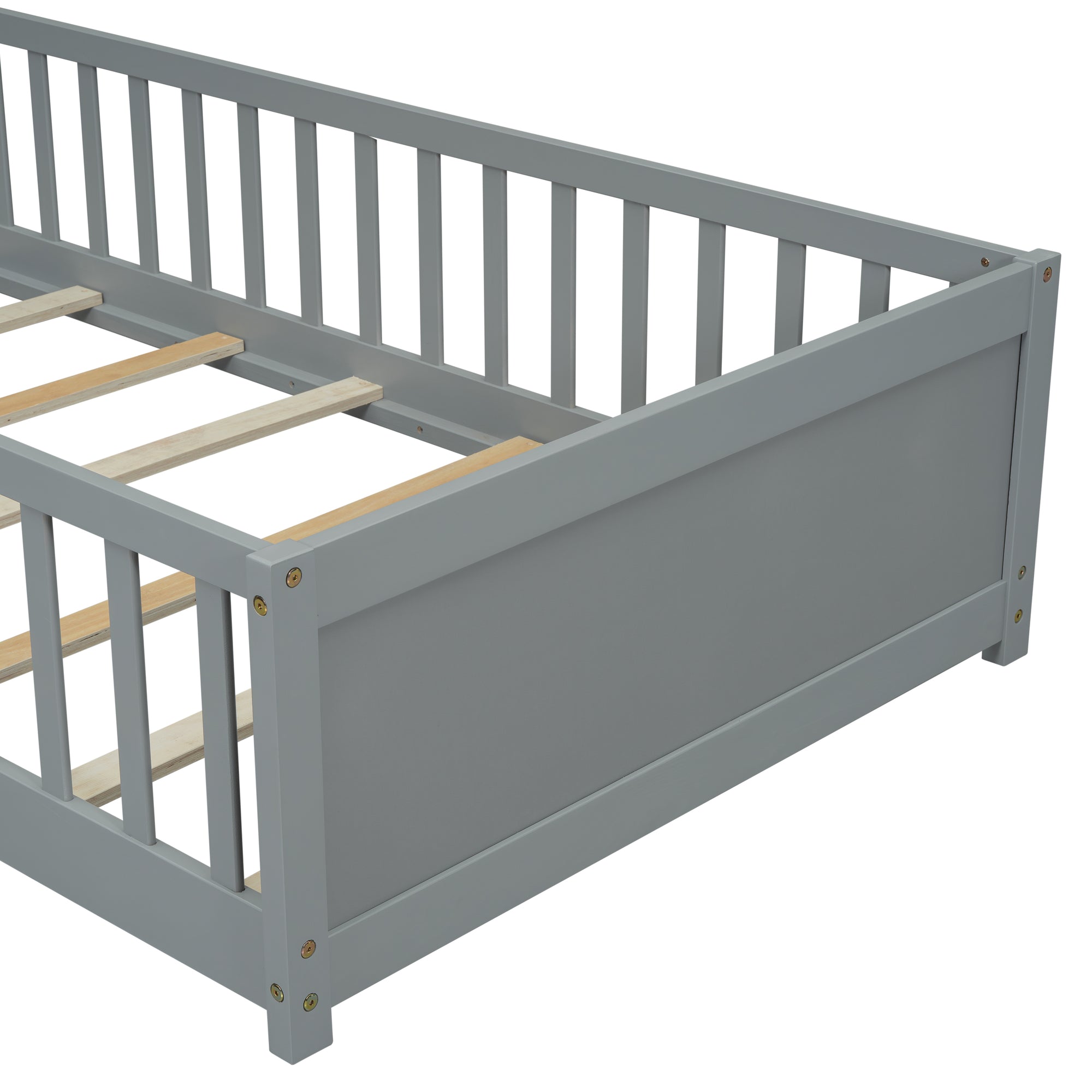 Gray Twin Toddler Floor Bed with Built-in Book Storage Rack