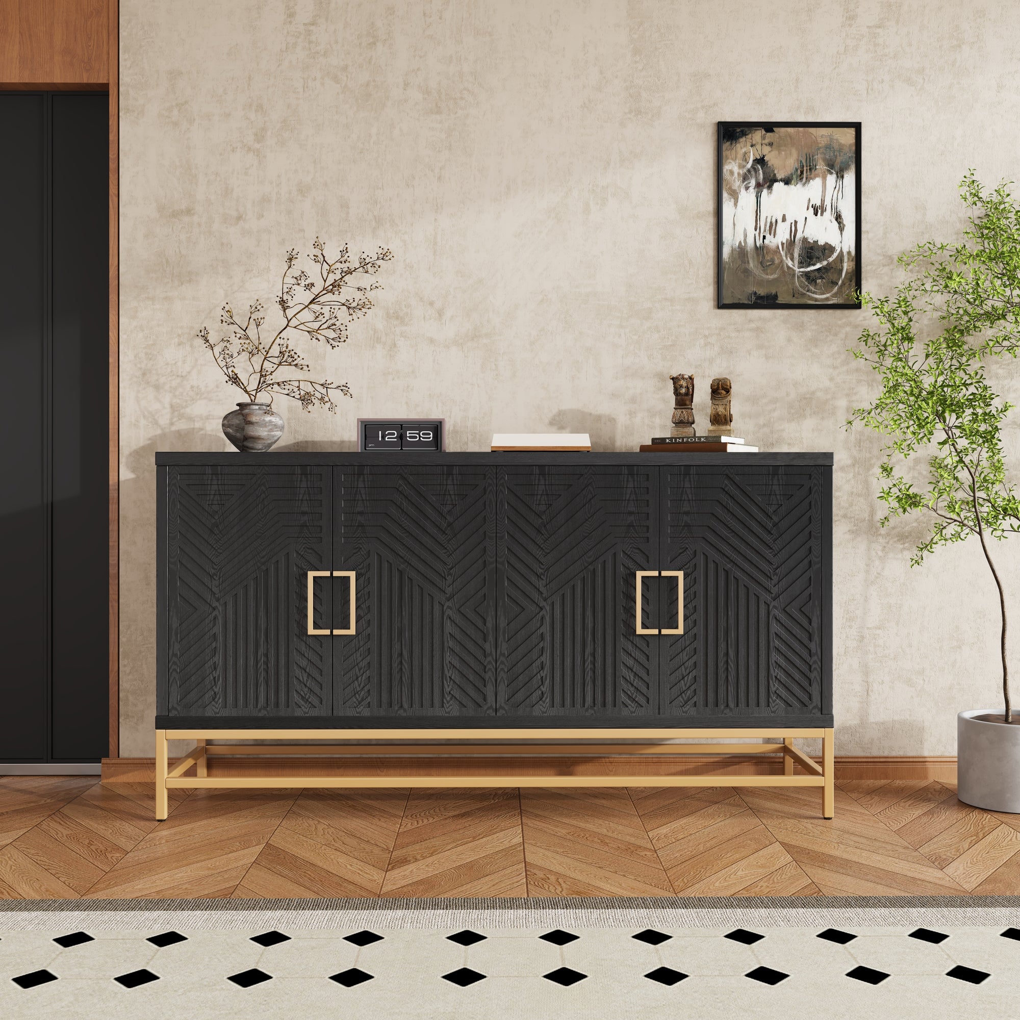 Sideboard Buffet Cabinet with Storage and Adjustable Shelves for Kitchen and Dining Room In Black