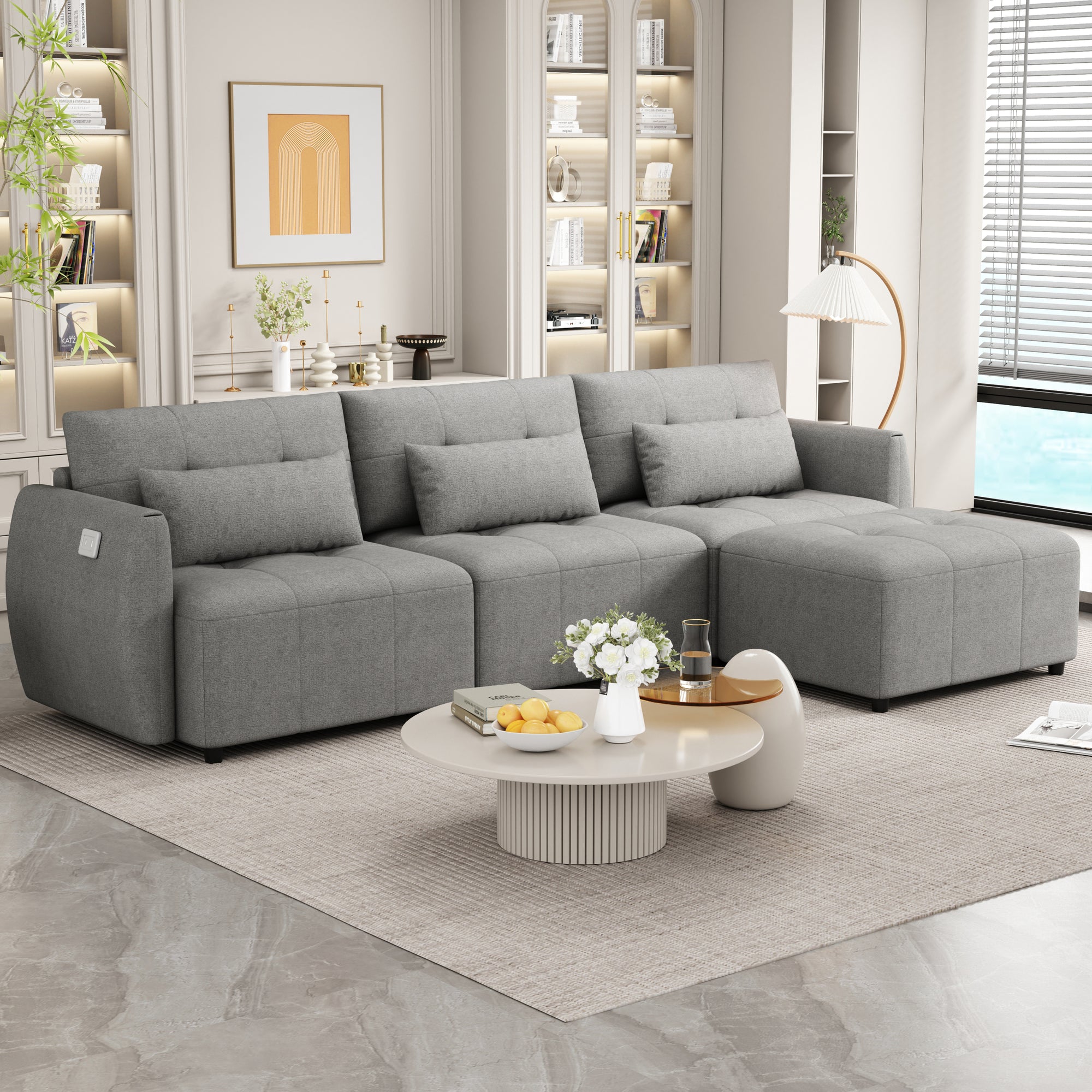 Khartoum Sectional Sofa with Movable Ottoman in Grey Chenille