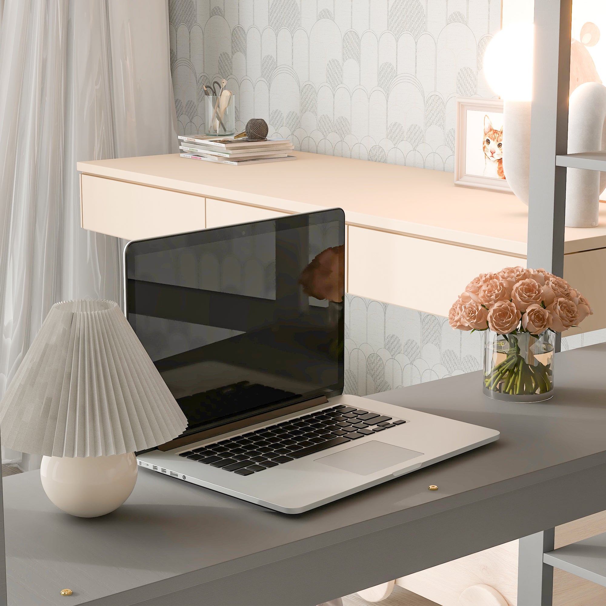 Gray Full Loft Bed with Desk, Ladder, and Shelves