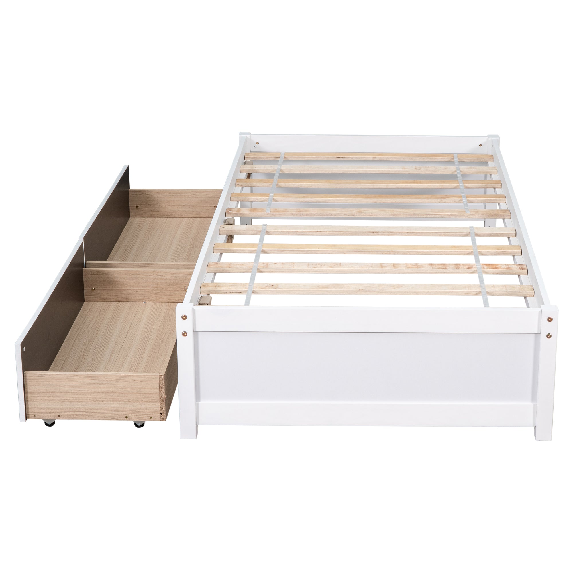 White Twin Bed with 2 Drawers, Solid Wood and No Box Spring Needed