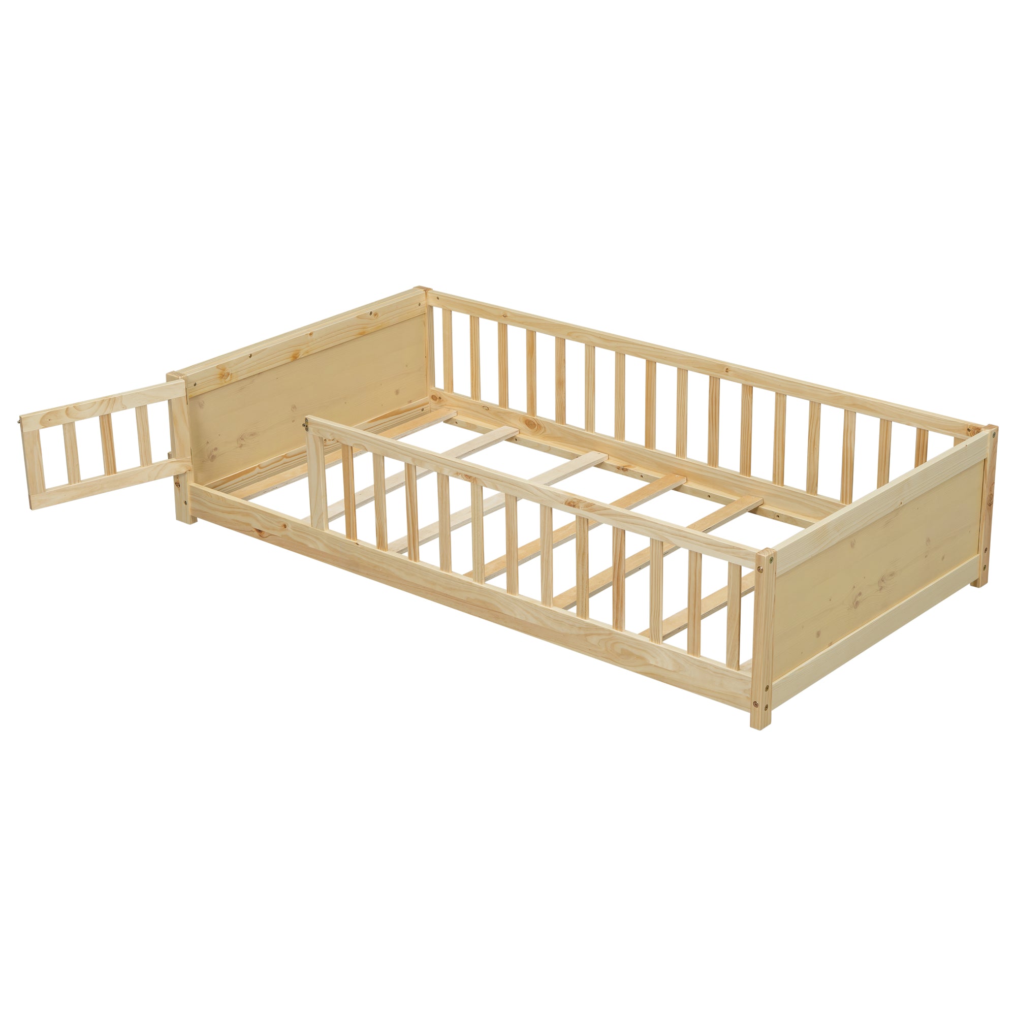 Natural Finish Twin Size Toddler Floor Platform Bed with Built-in Book Storage Rack and Door